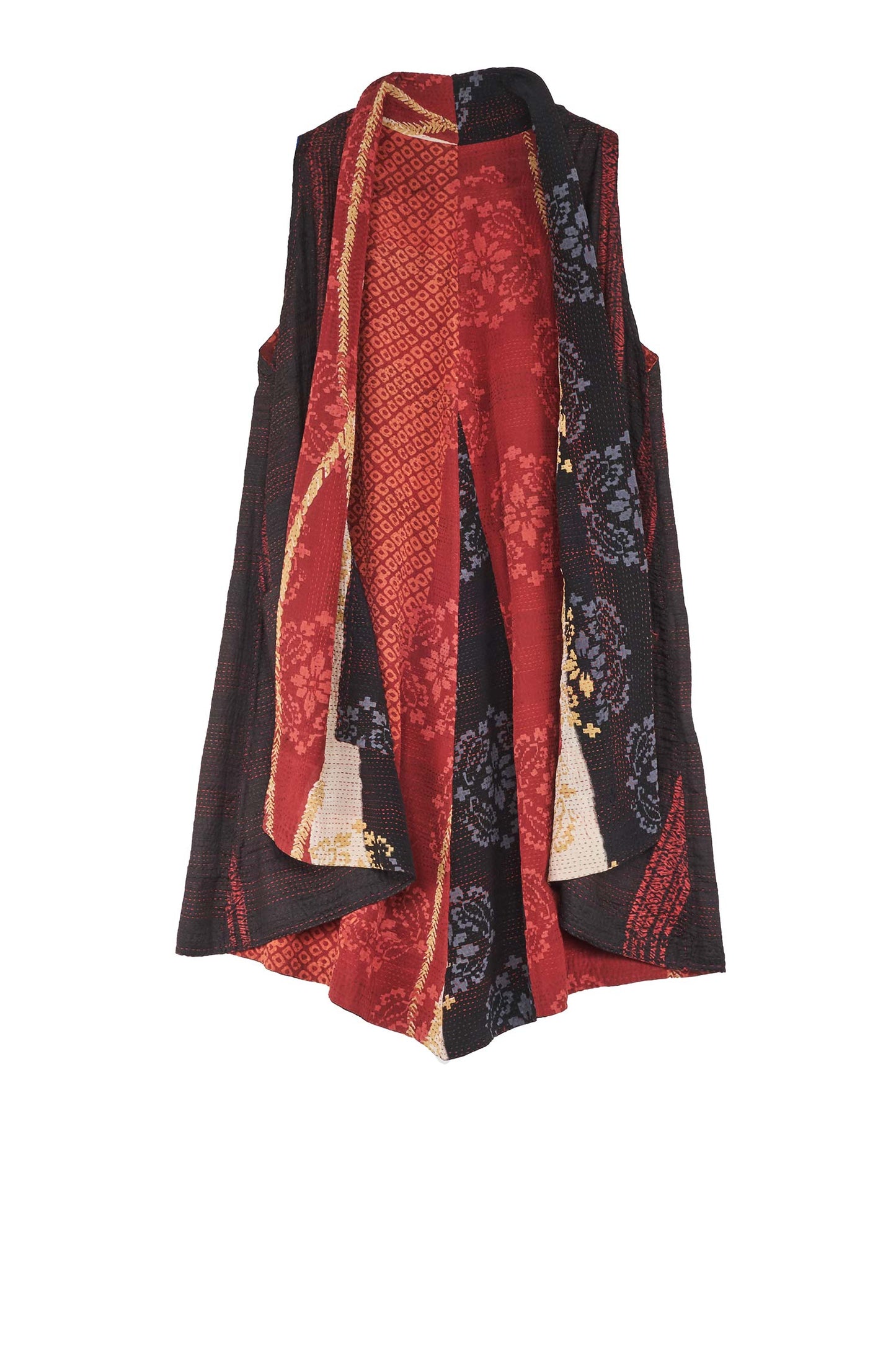 KIMONO PRINT KANTHA A-LINE VEST - kp2203-red -