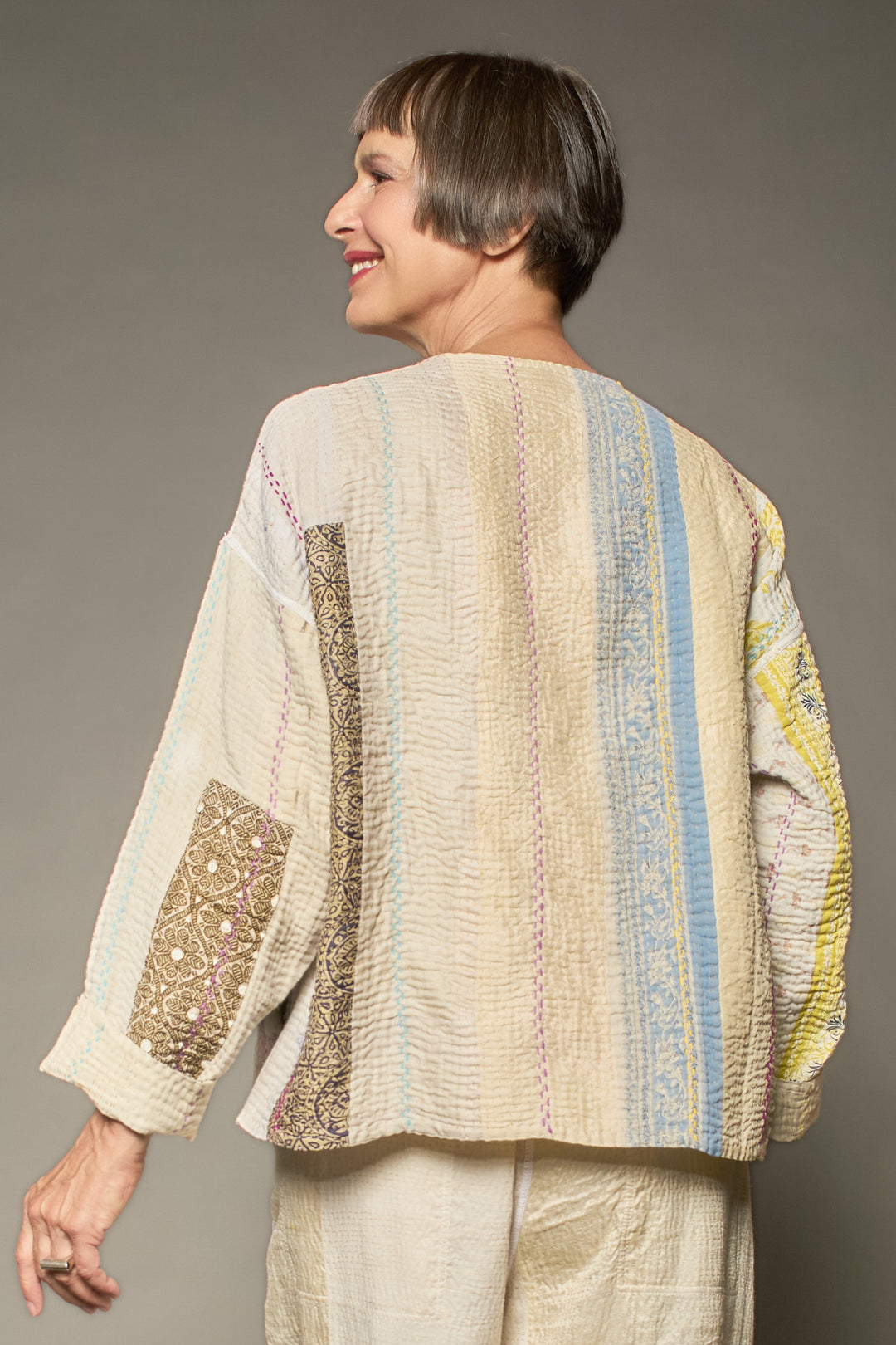 JEWEL WOVEN WITH VERTICAL PATCH KANTHA CREW NECK SHORT JACKET - jv4053-ivy -