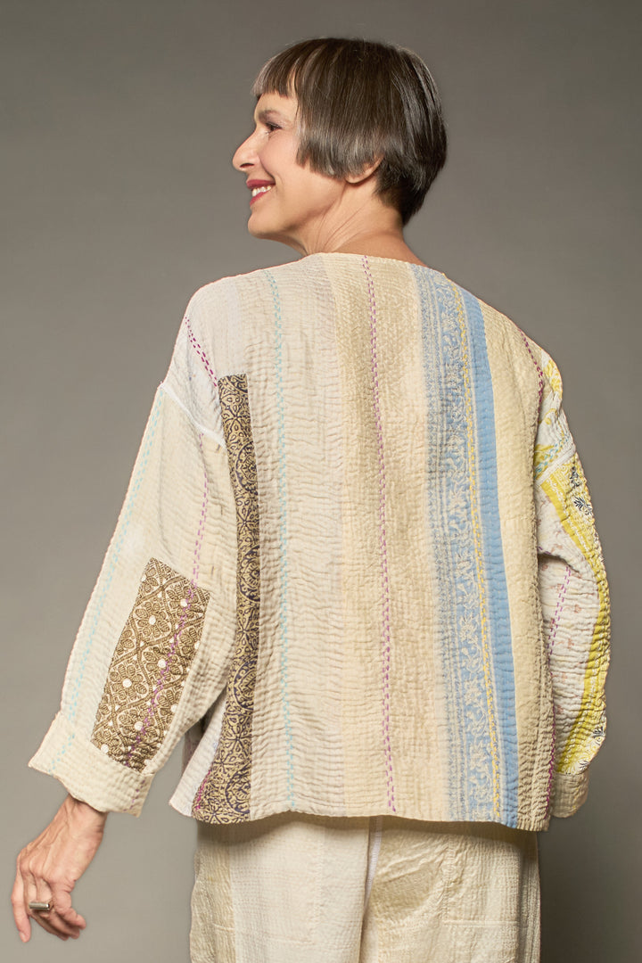 JEWEL WOVEN WITH VERTICAL PATCH KANTHA CREW NECK SHORT JACKET - jv4053-ivy -