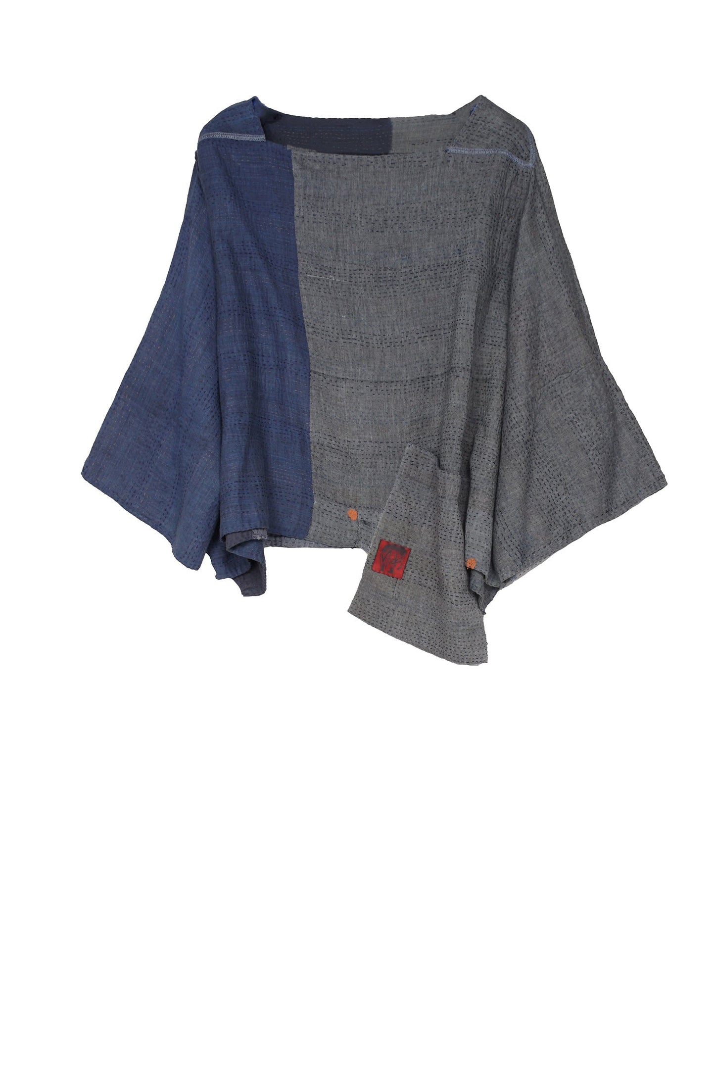 FRAYED PATCH KANTHA 3/4 SLV. CROP TOP - fi2528-gry -