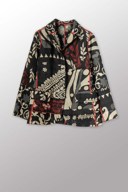 BLACK AND WHITE PRINT PATCH KANTHA BASIC JACKET - pn4052-red -