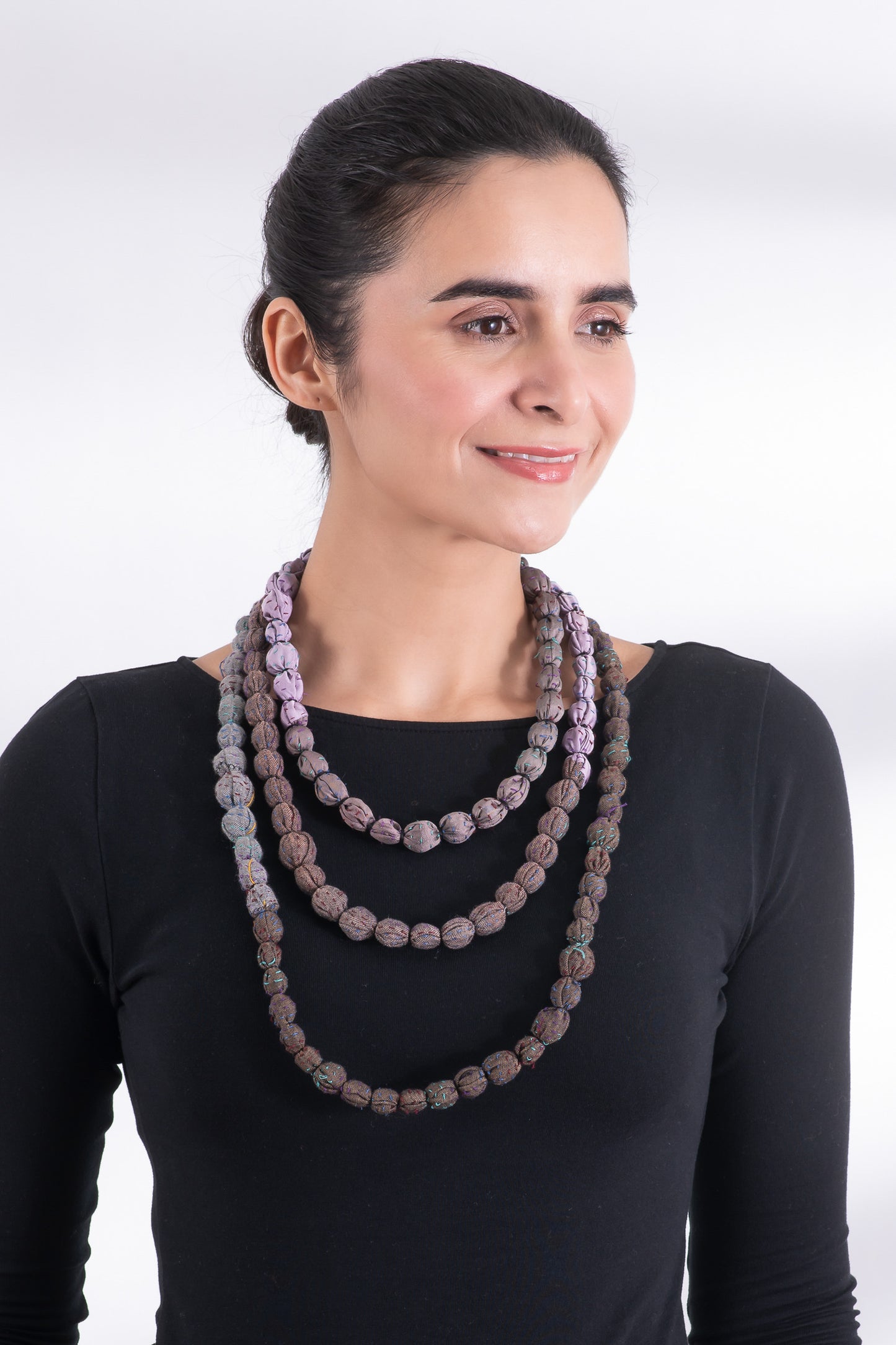 VINTAGE SILK KANTHA TIE-BEADS LONG NECKLACE - sv2707-tst -