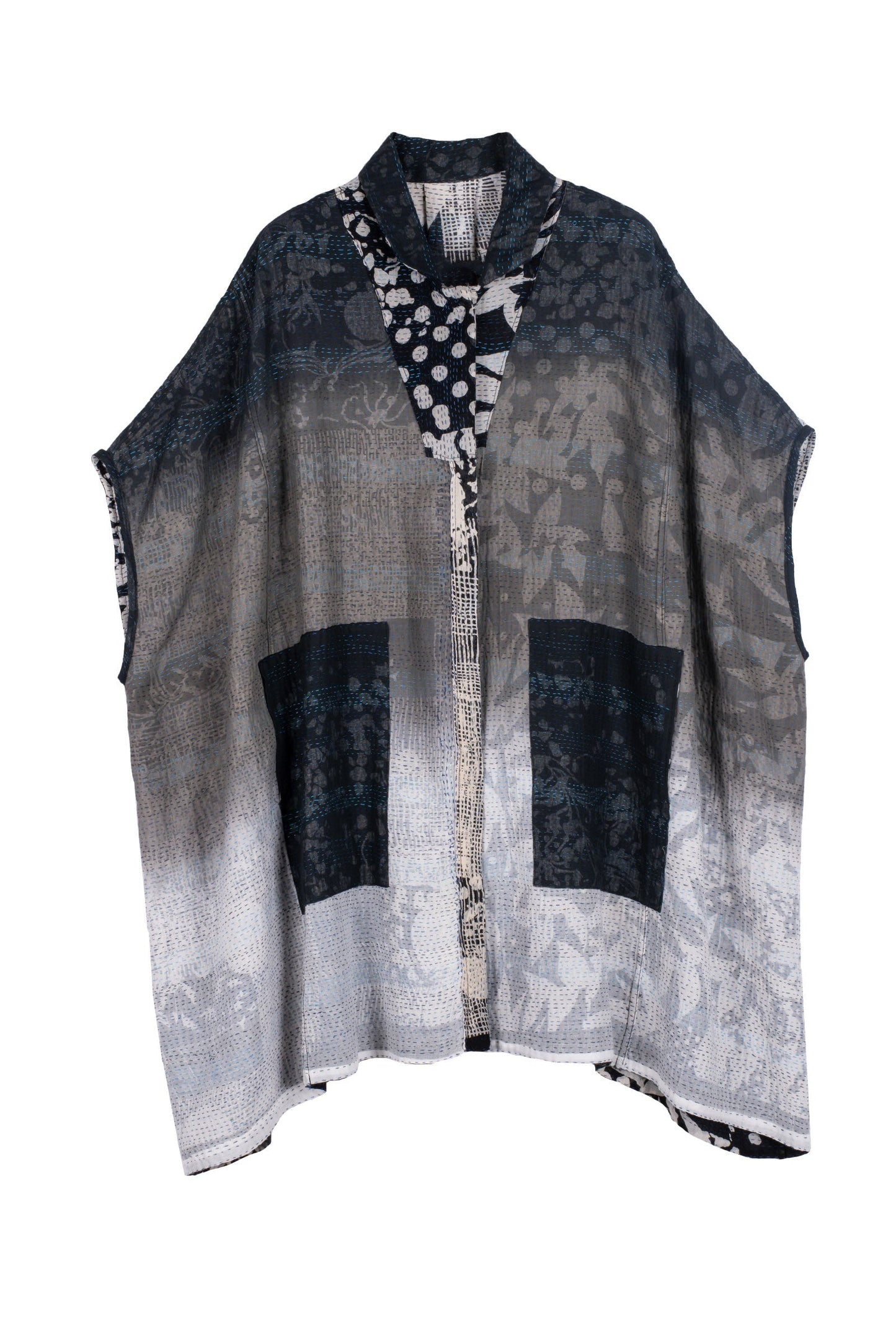 MONOTONE TWILIGHT PRINT KANTHA SHIRT PONCHO - tp2545-blk -