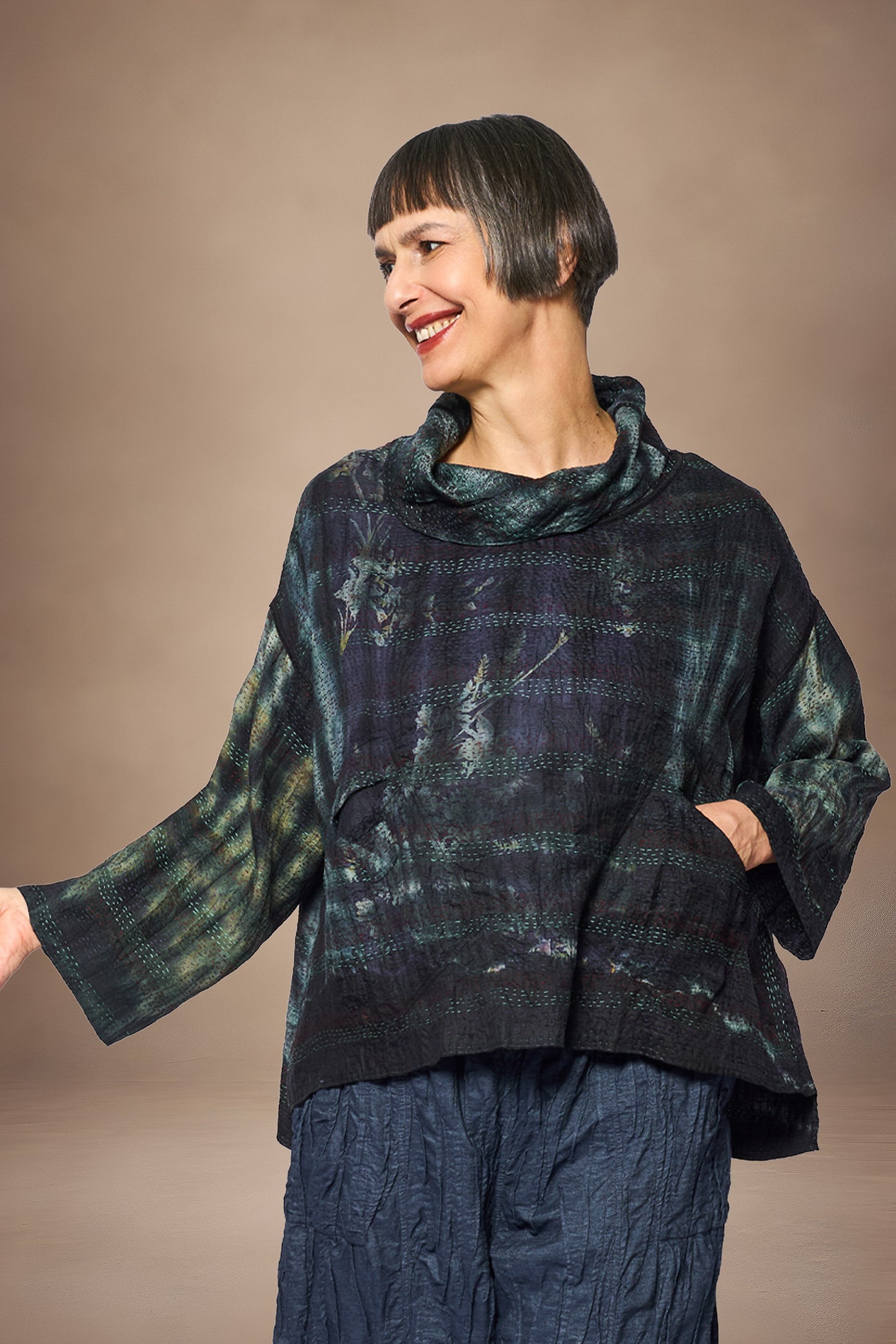 TIE DYE VINTAGE SILK KANTHA COWL PULLOVER - st-sv2547-blk -