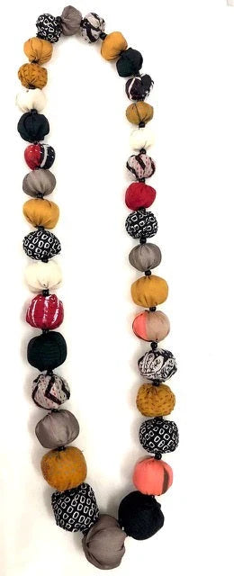 VINTAGE SILK KANTHA NUTS LONG NECKLACE - sv2702-ylw -