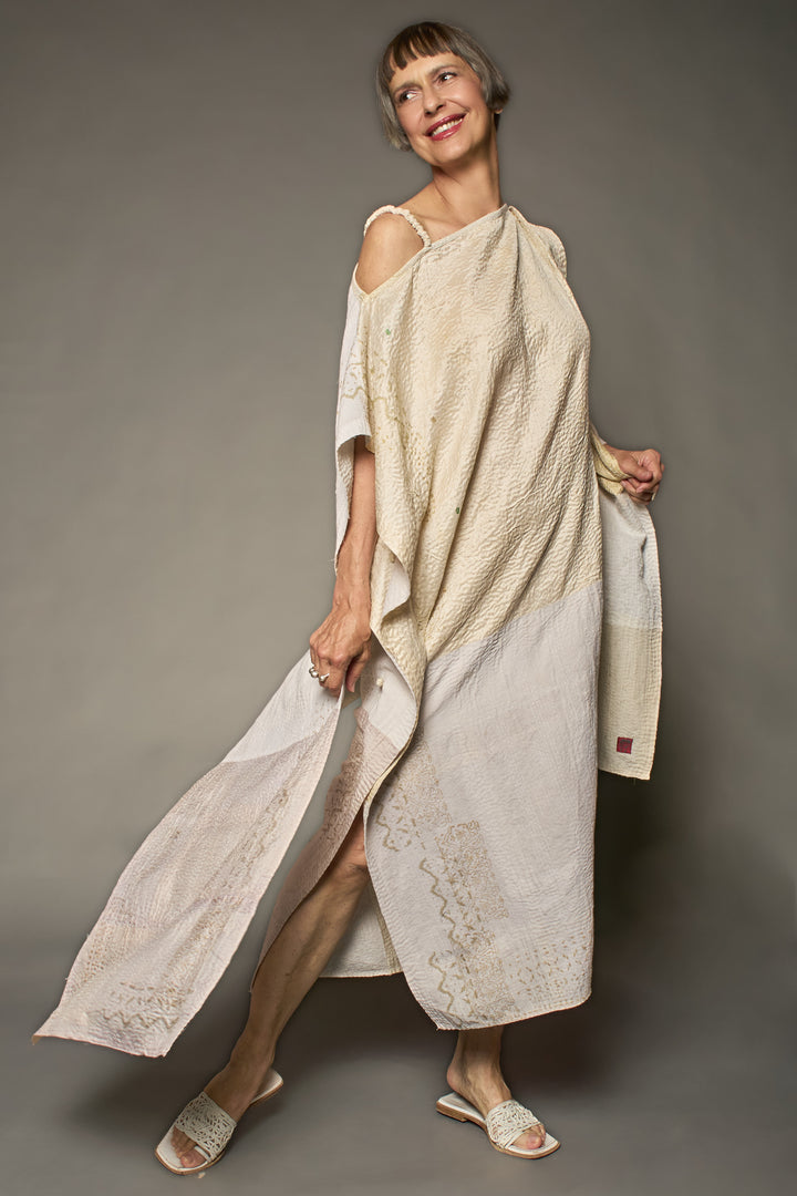 HALF SILK PATCH KANTHA ASYMMETRIC TUBE DRESS - hs2472-ivy -