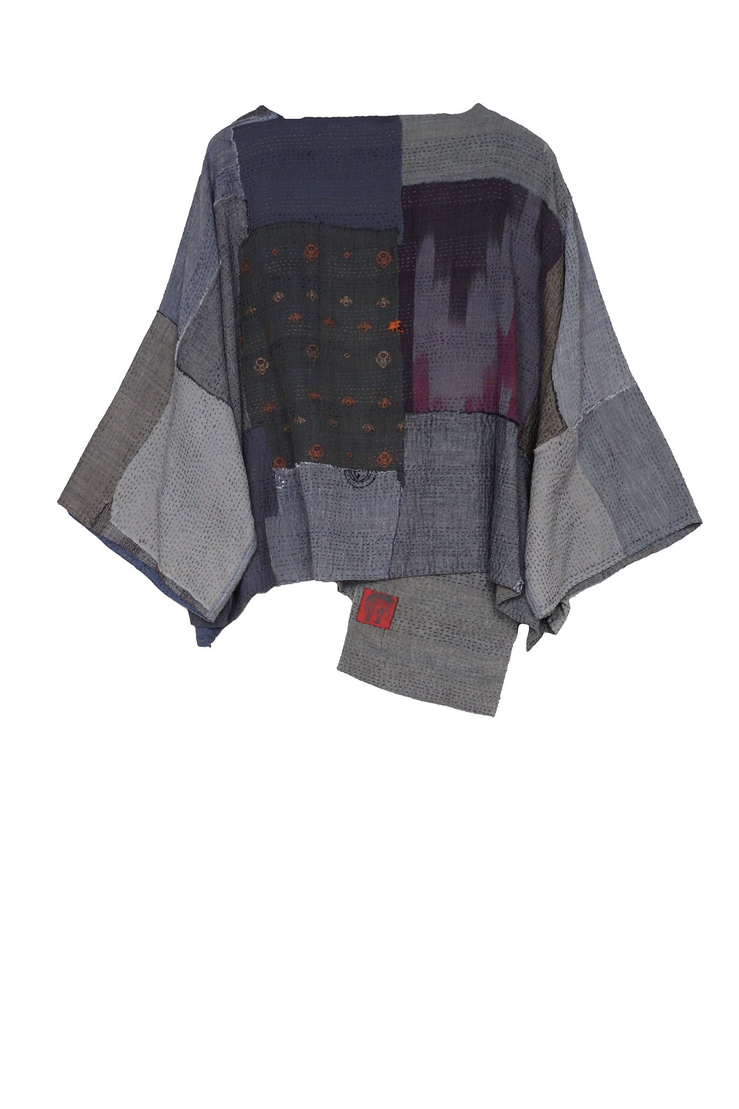 FRAYED PATCH KANTHA 3/4 SLV. CROP TOP - fi2528-gry -