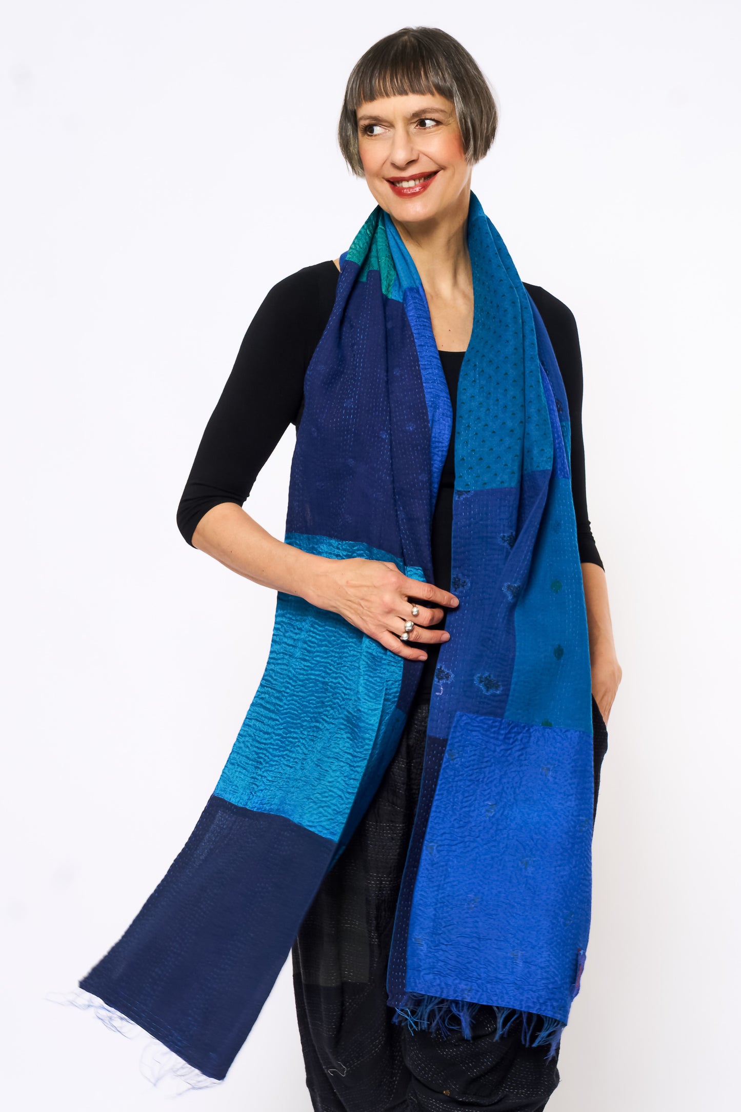 COTTON SILK SW PATCH OMBRE KANTHA SCARF STANDARD - wo2801-blu -