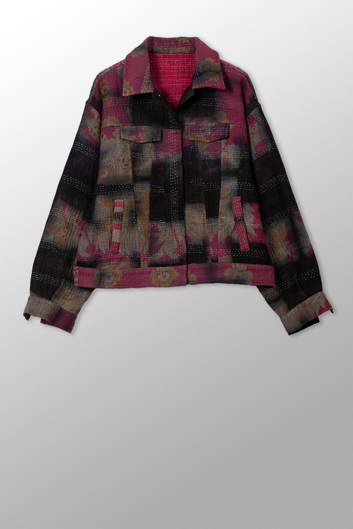 VINTAGE COTTON GREY CLAMP TIE DYE KANTHA SHORT TRUCKER JACKET - su4j107-0002m -