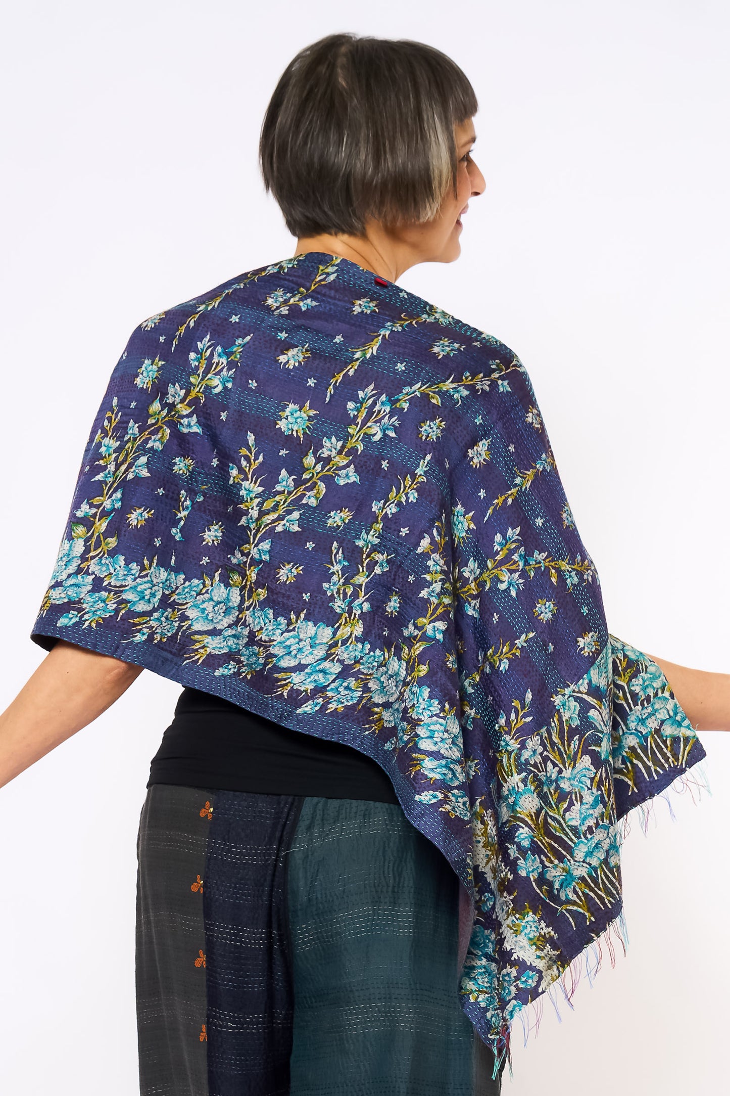 VINTAGE SILK GEORGETTE KANTHA CAPE - sg2806-mlt -