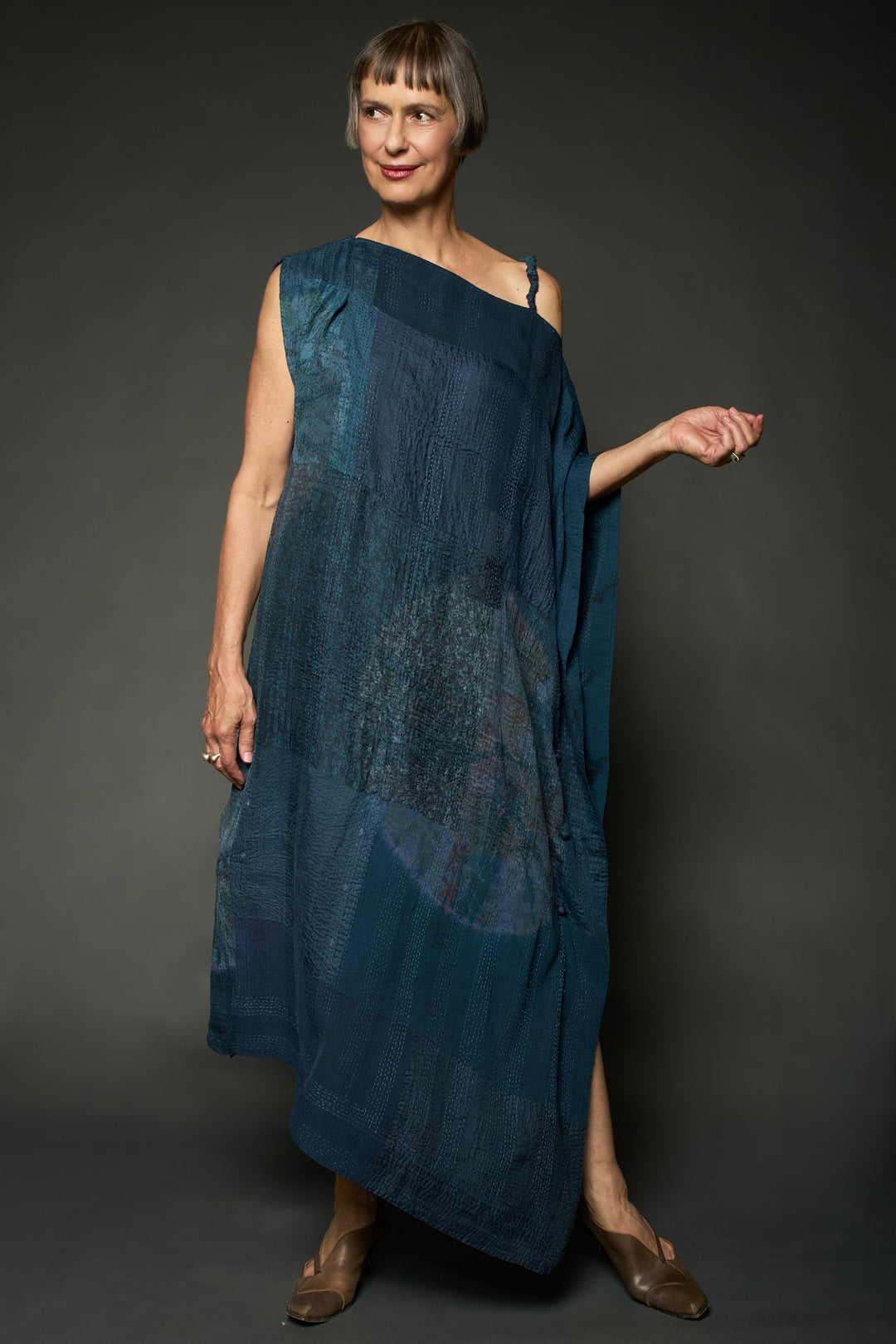 SHIBORI TIE DYE GEORGETTE VINTAGE SILK PATCH KANTHA ASYMMETRIC TUBE DRESS - st-gs2472-nvy -