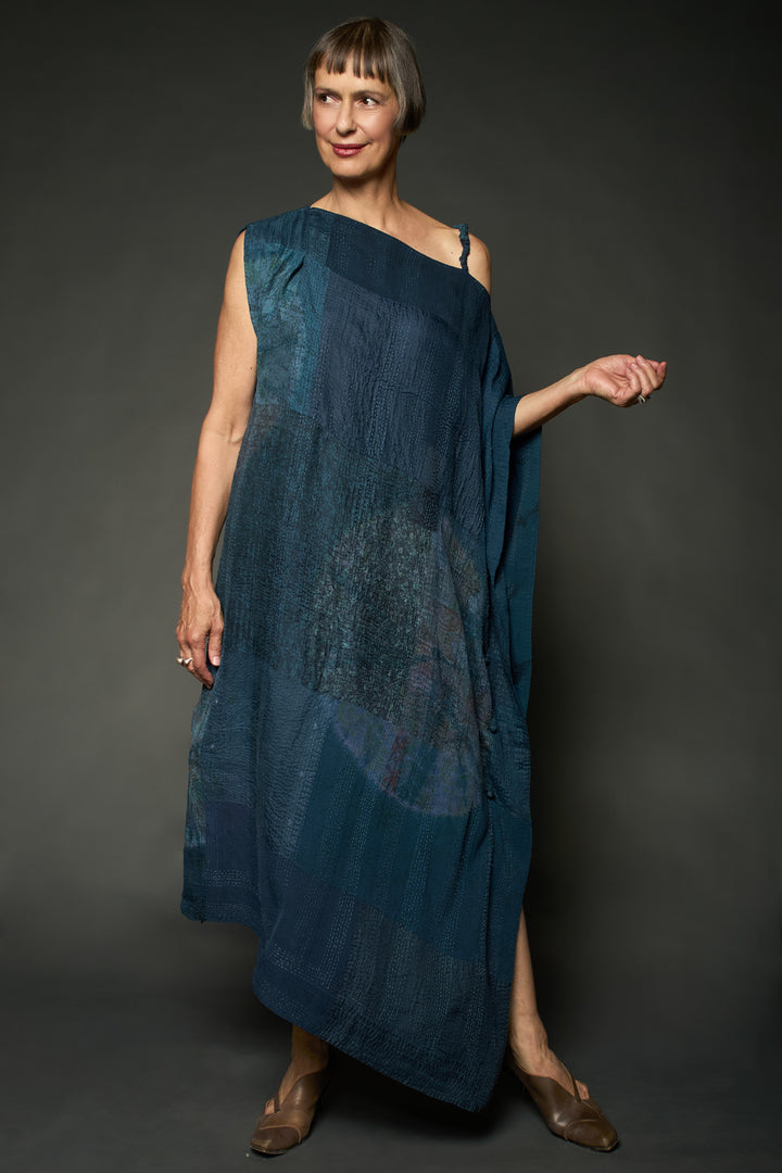 SHIBORI TIE DYE GEORGETTE VINTAGE SILK PATCH KANTHA ASYMMETRIC TUBE DRESS - st-gs2472-nvy -