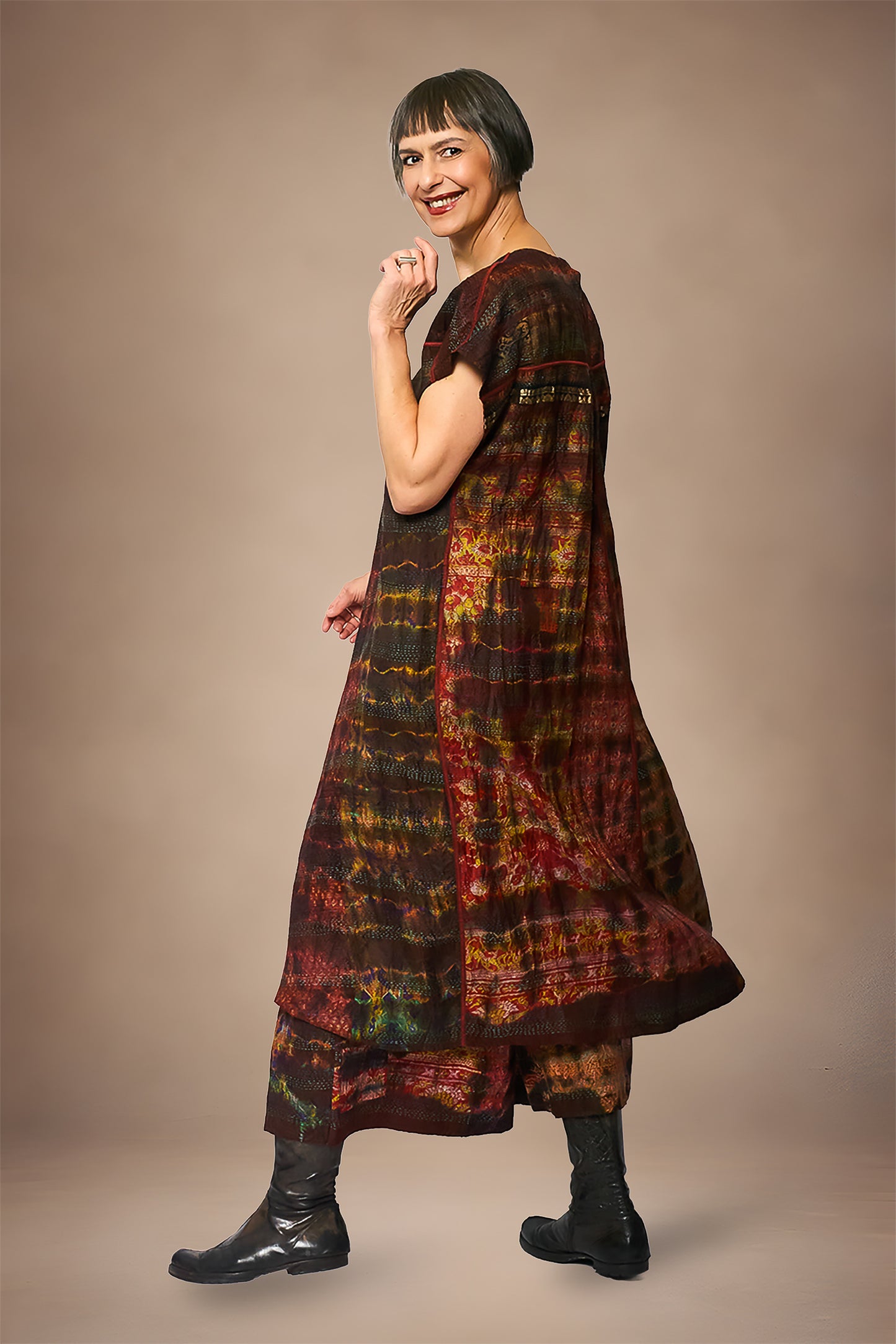 TIE DYE VINTAGE SILK KANTHA V-NECK FRENCH SLV. DRESS - st-sv2467-brn -