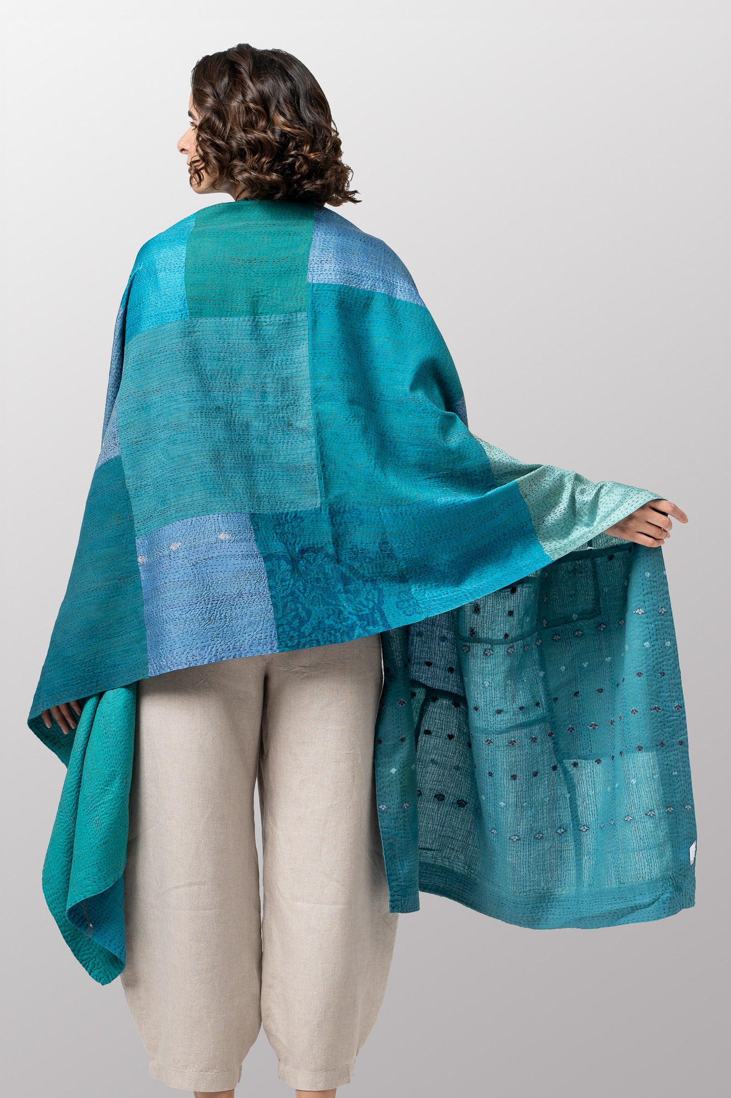 COTTON SILK SW PATCH KANTHA SHAWL LARGE - ws2803-tuq -