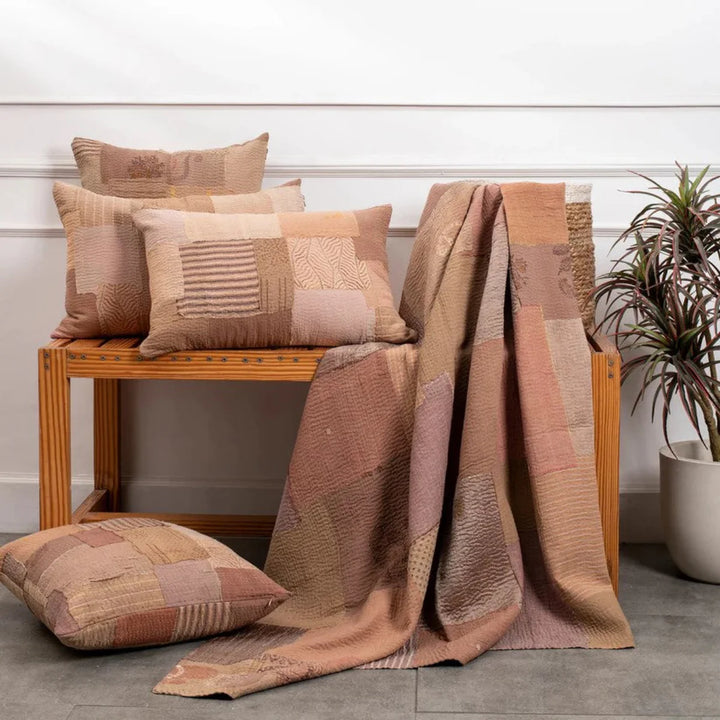 Mosaic Fray Handmade Vintage Kantha Throw -Mushroom