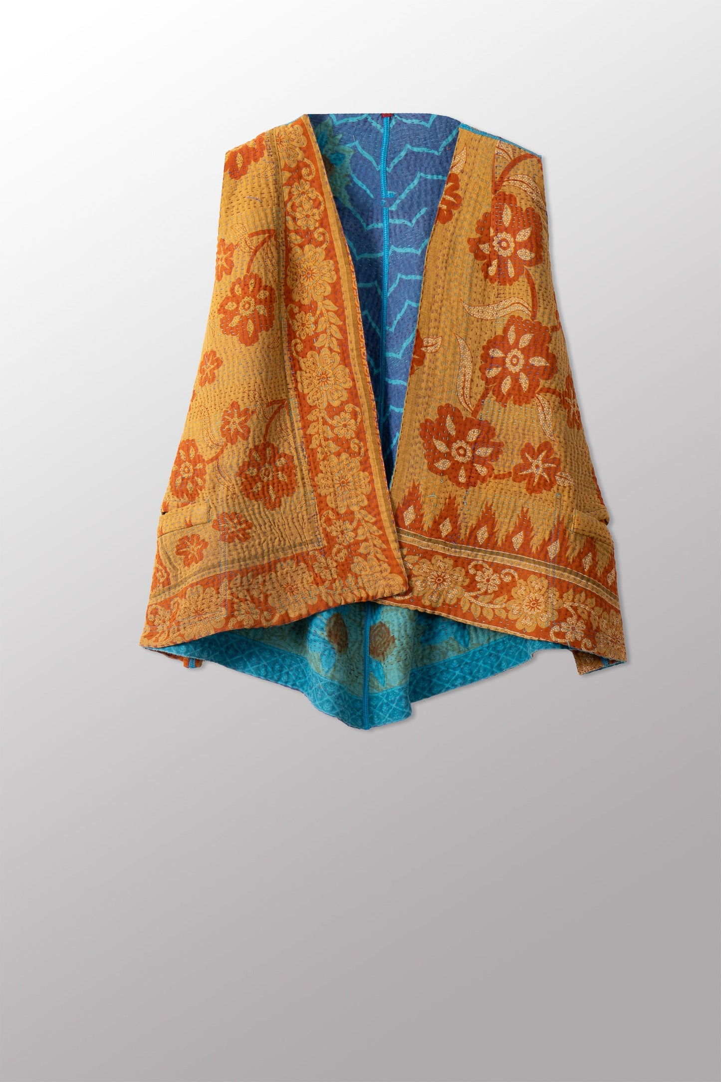 VINTAGE COTTON KANTHA BELL SHAPE SHORT VEST - cv4227-0007a -