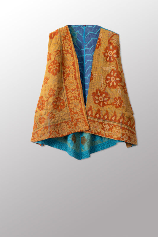 VINTAGE COTTON KANTHA BELL SHAPE SHORT VEST - cv4227-0007a -