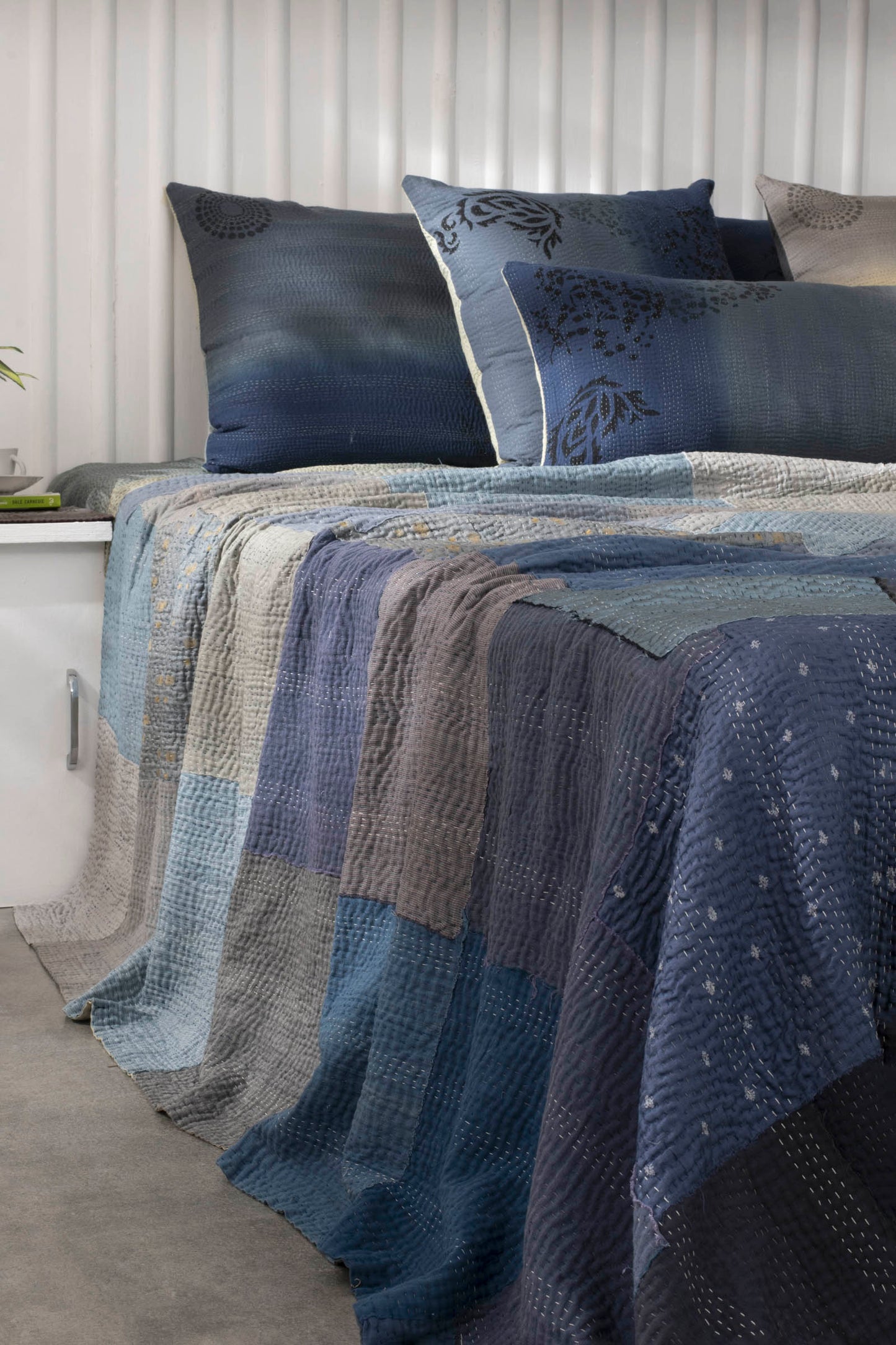 Ombre with Fray Patch Handmade Vintage Quilt - Blue