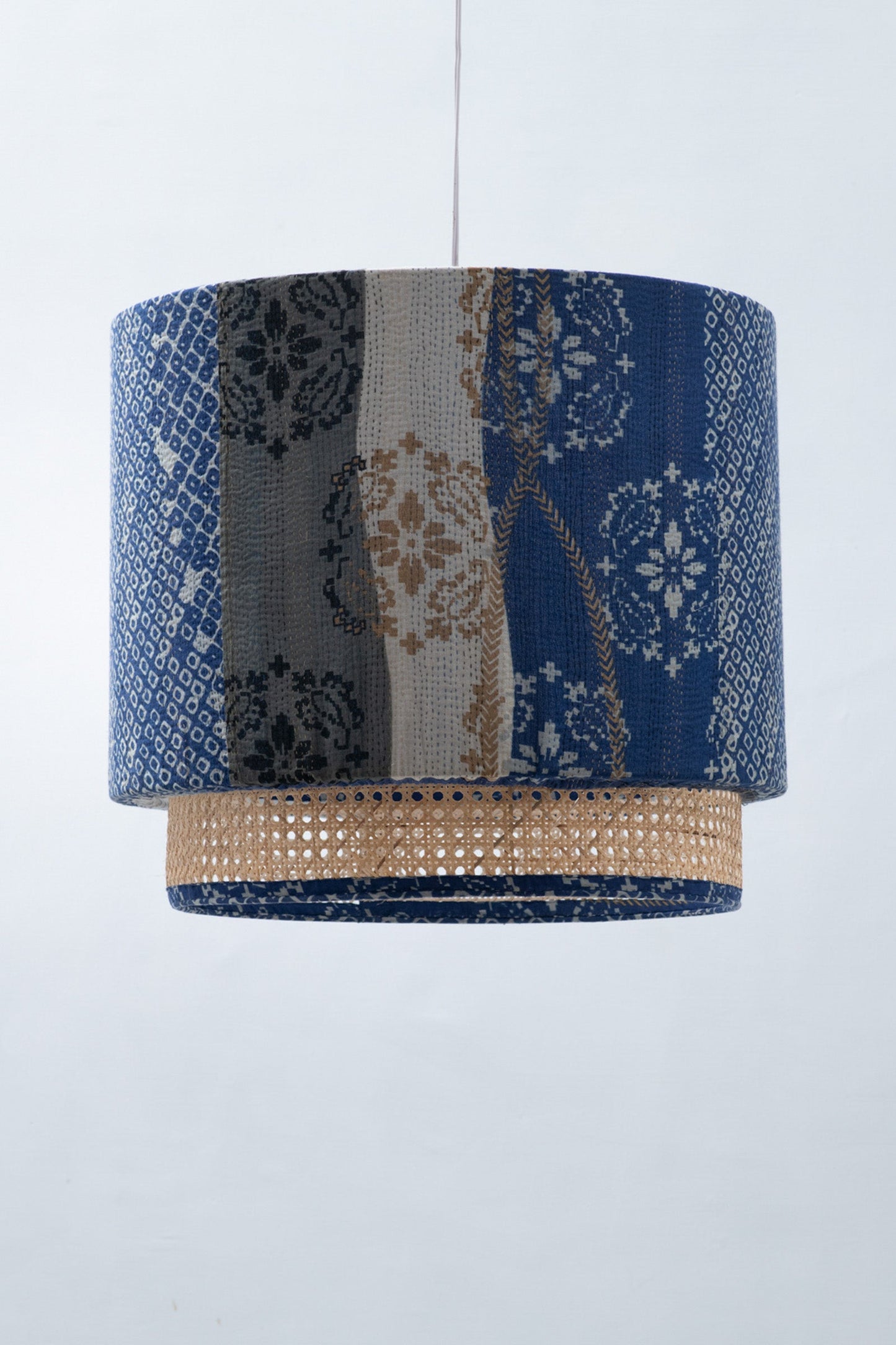 Kimono Cotton Kantha Hanging Lamp -Blue