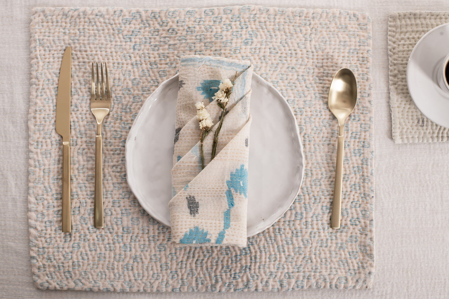 Mosaic Fray Handmade vintage Kantha Placemat - Cauliflower (Set of 2)