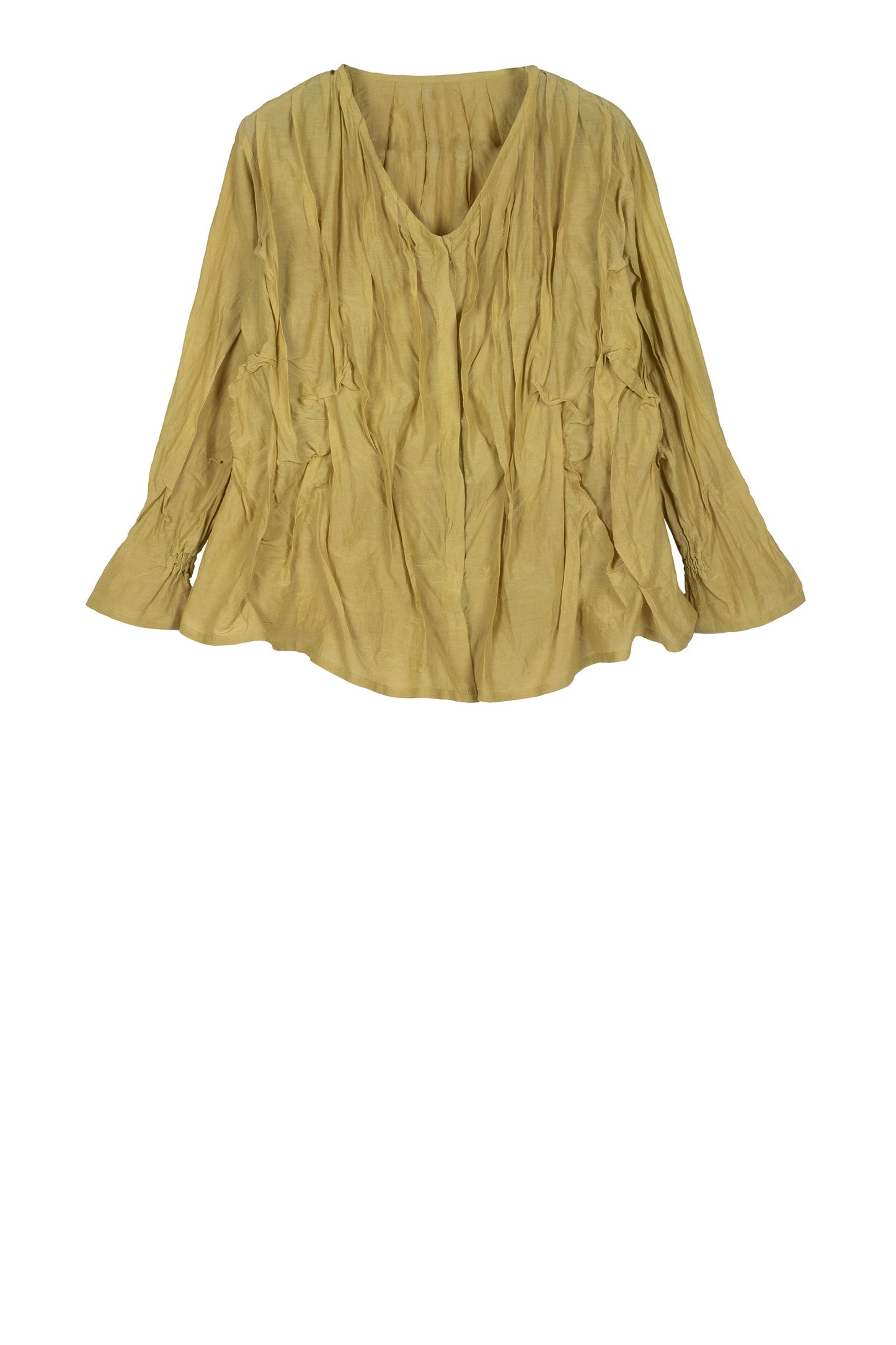 DYED COTTON SILK VOILE WAVY V-NECK TUCKED BLOUSE - dc1542-cha -