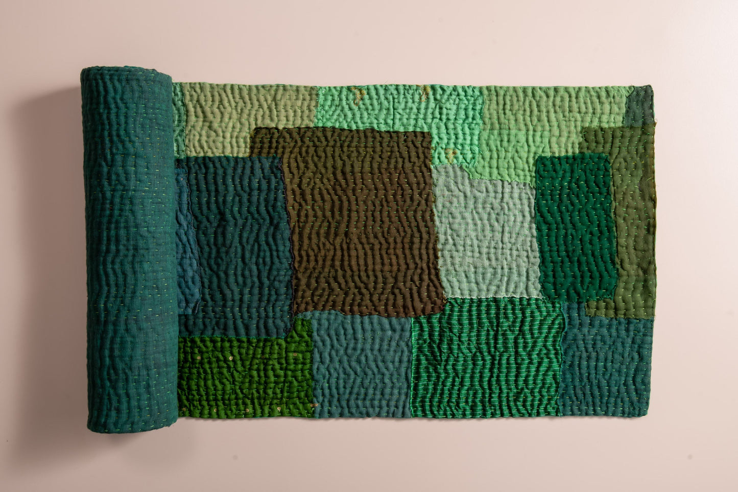 Landscape Fray Patch  vintage Kantha Runner - Green