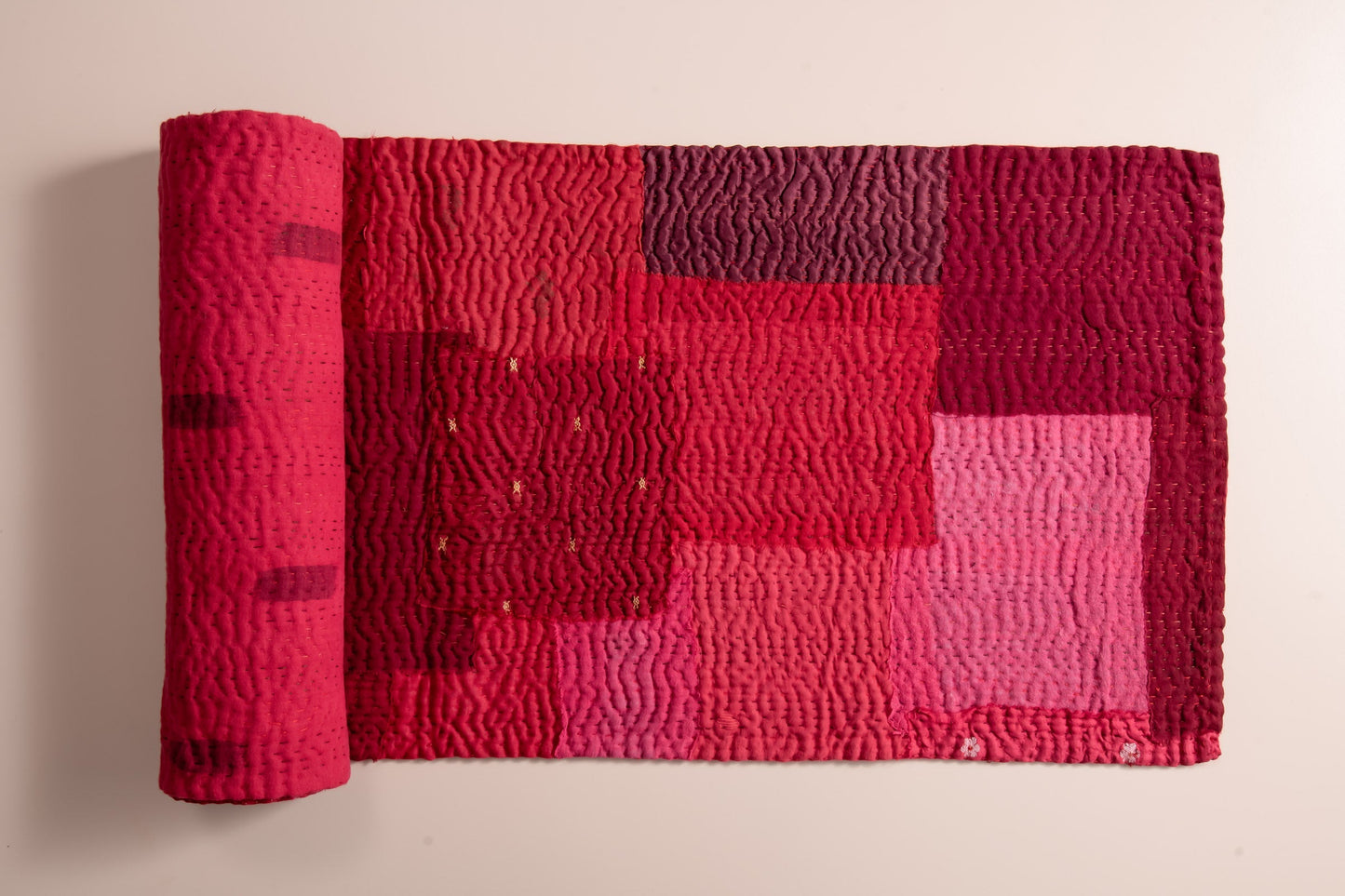 Landscape Fray Patch vintage Kantha Runner - Red