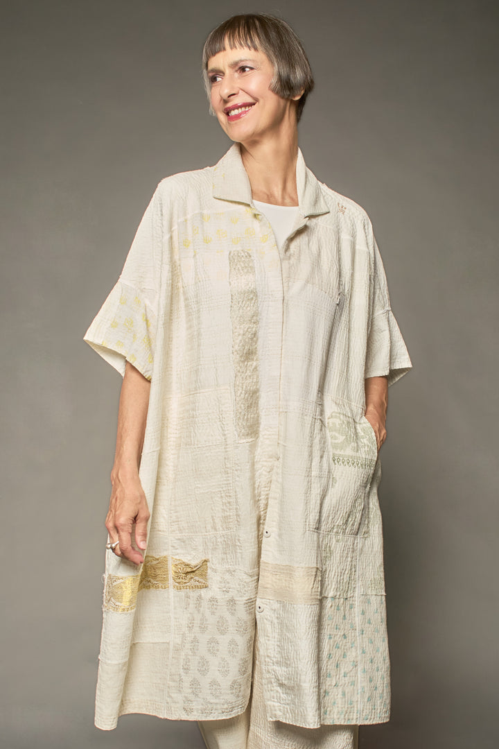 Frayed Patched Kantha Wide Shirt Dress - fi2448