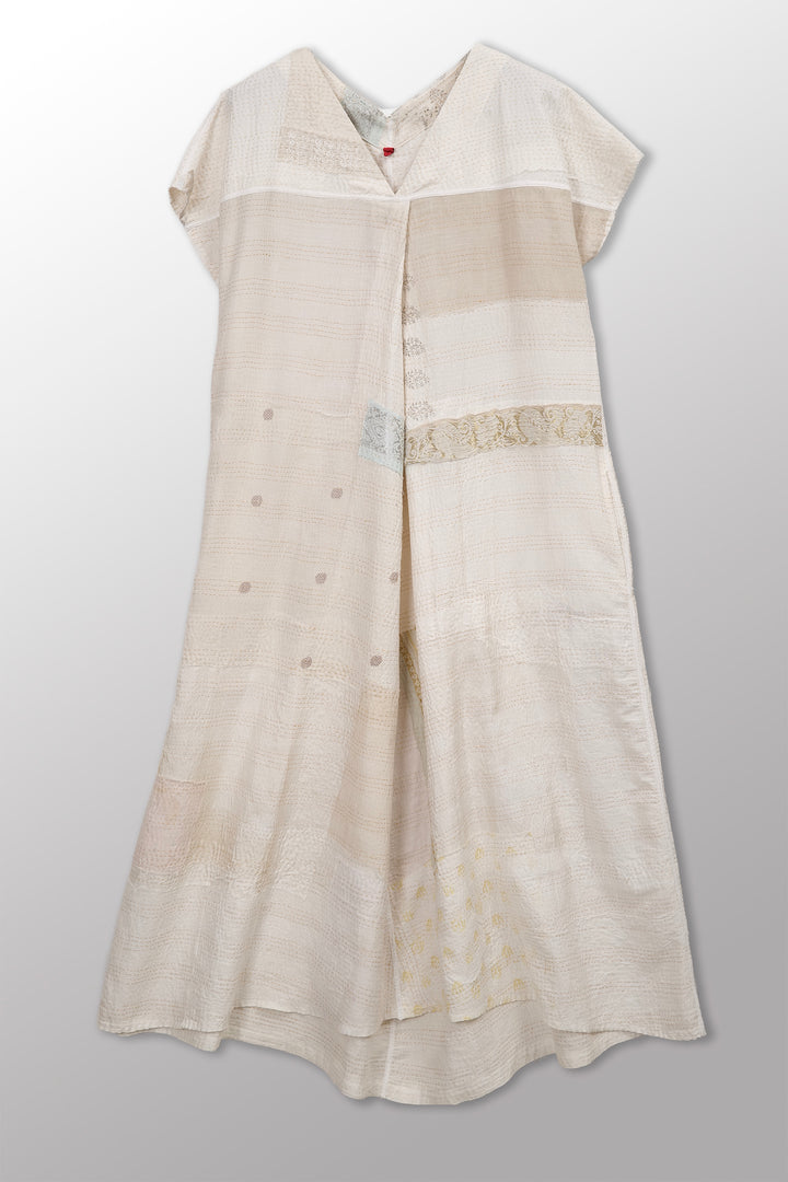 Frayed Patch Kantha V-Neck French SLV. Dress