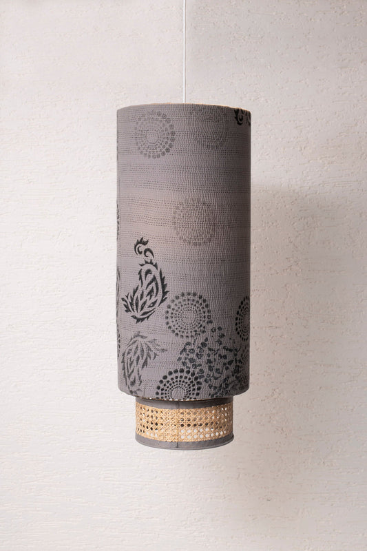 Kimono Cotton Kantha Hanging Lamp -Gray -