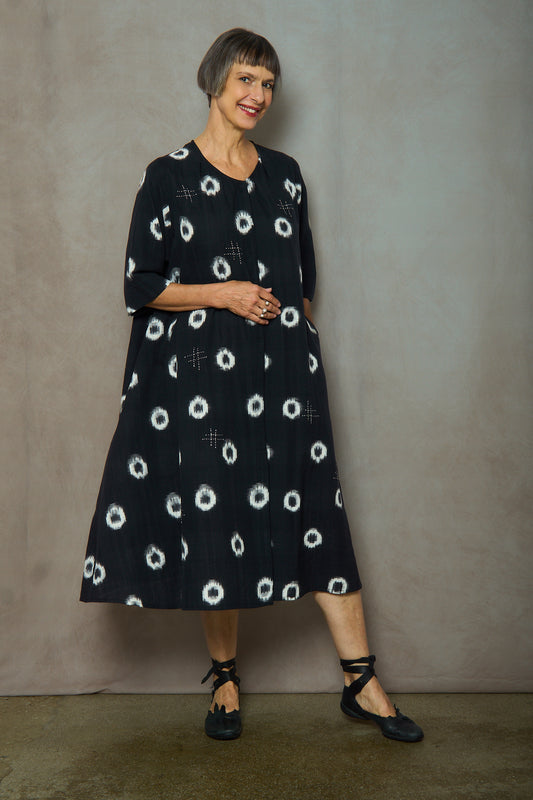 COTTON IKAT-CIRCLE -DRESS A-LINE DRESS - bl-ic1460-blk-