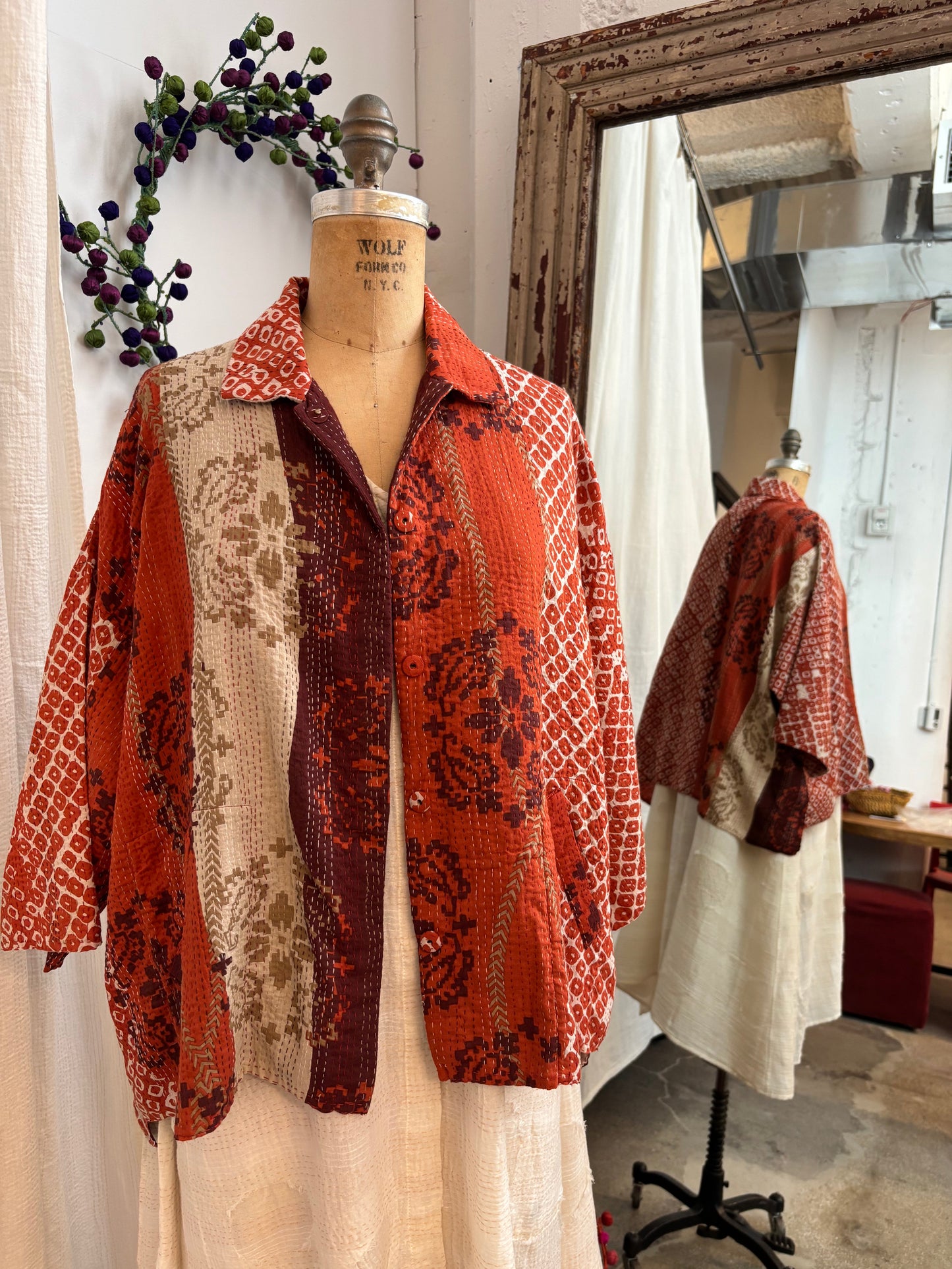 KIMONO COTTON KANTHA CROPPED TENT SHIRT - kc2596-org -