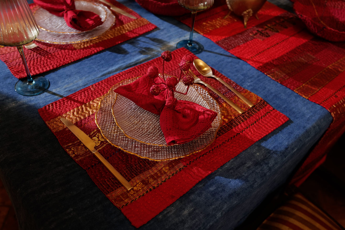Hand made kantha Red Jewel Striped Placemats (Set of 2)
