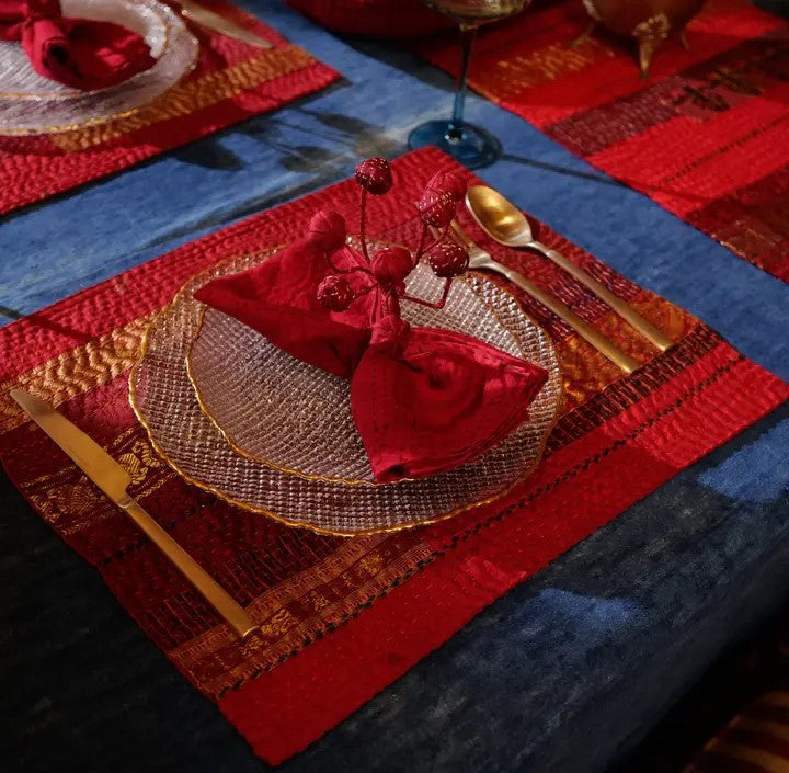 Red Jewel Striped  Kantha Placemat (Set of 2)
