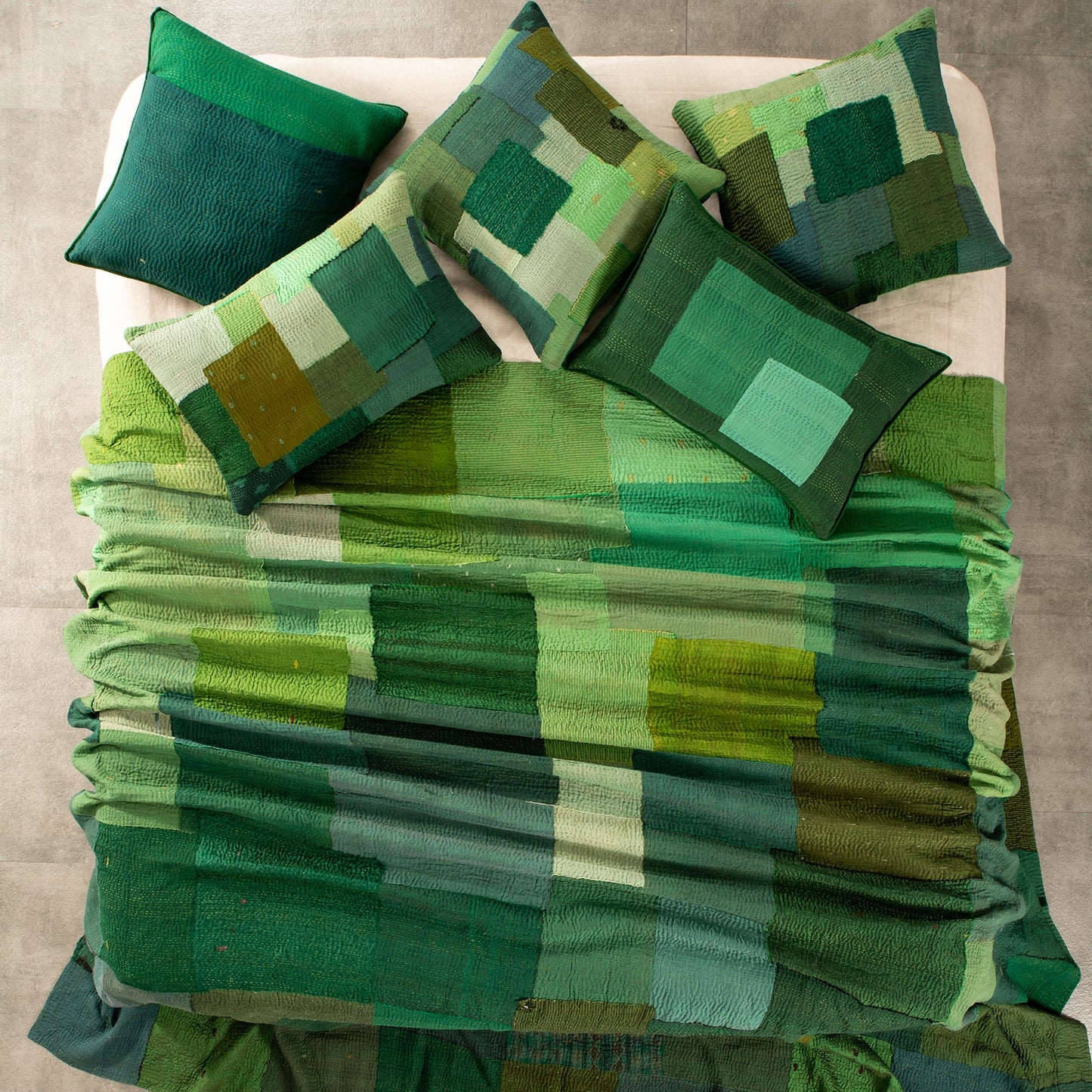Mosaic Fray Handmade vintage Kantha  bed cover - Green