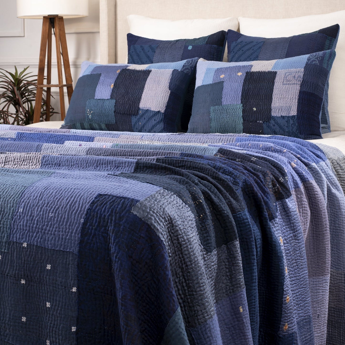 Landscape Fray Patch  Handmade vintage Kantha  Quilts - Navy