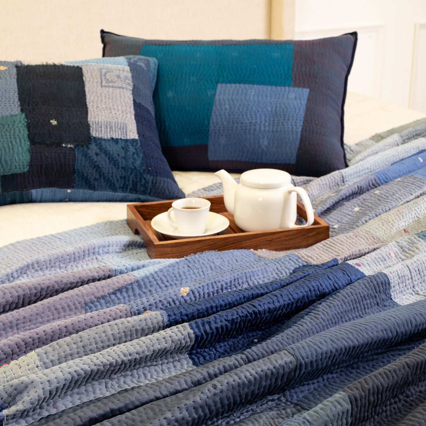 Landscape Fray Patch  Handmade vintage Kantha  Quilts - Navy