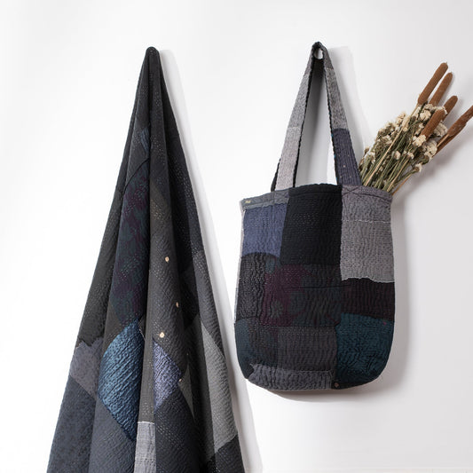 Mosaic Fray Handmade vintage Kantha Tote Bag- Black