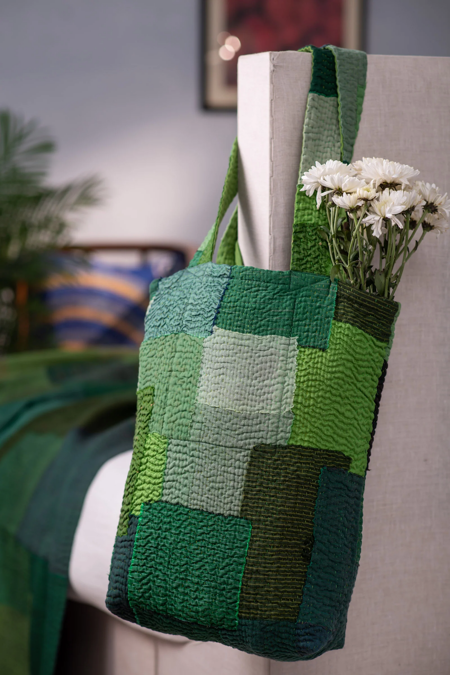 Landscape Handmade vintage Kantha Tote Bag - Green