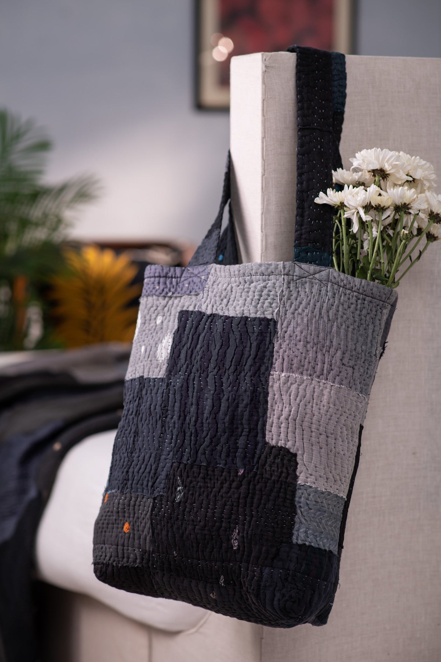 Mosaic Fray Handmade vintage Kantha Tote Bag- Black