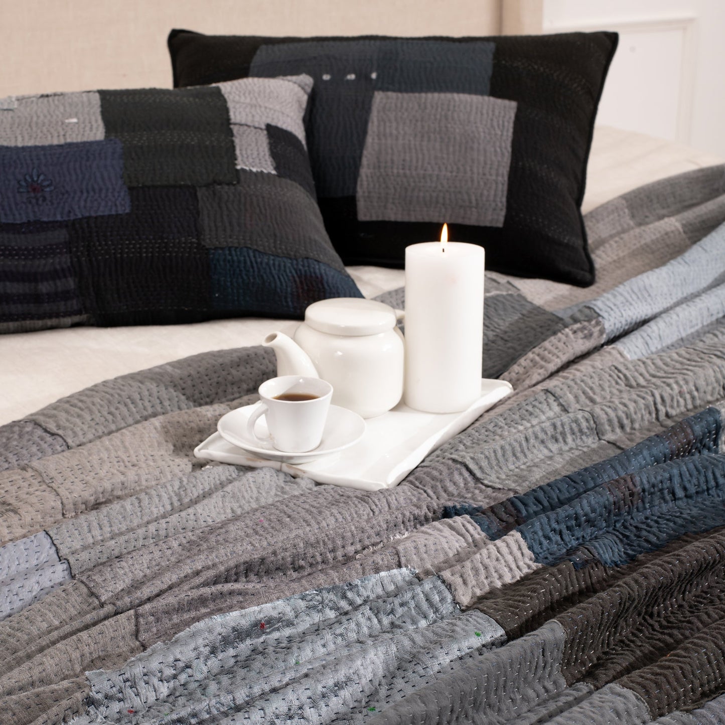 Mosaic Fray Handmade vintage Kantha  bed cover- Black