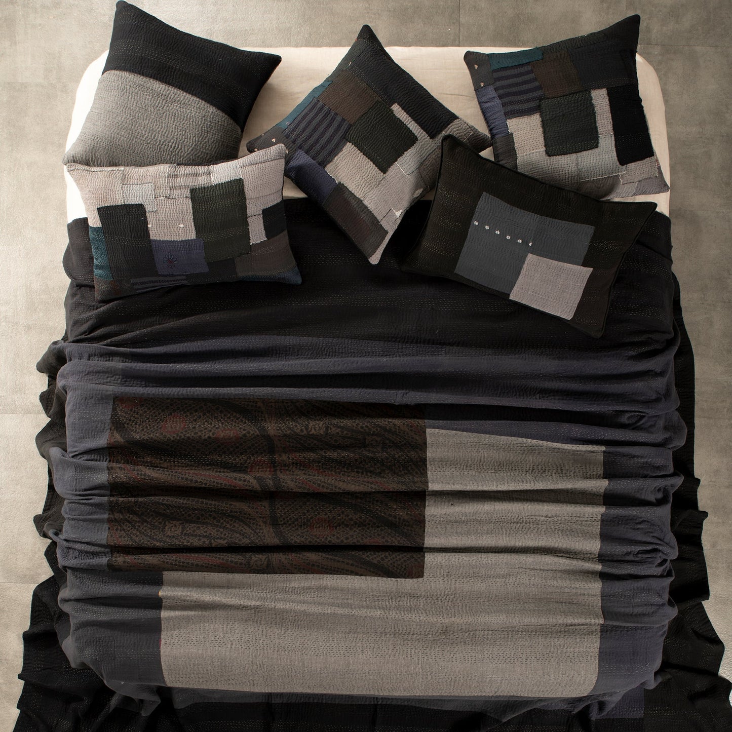 Landscape  Fray patch Handmade vintage Kantha  quilt - Black