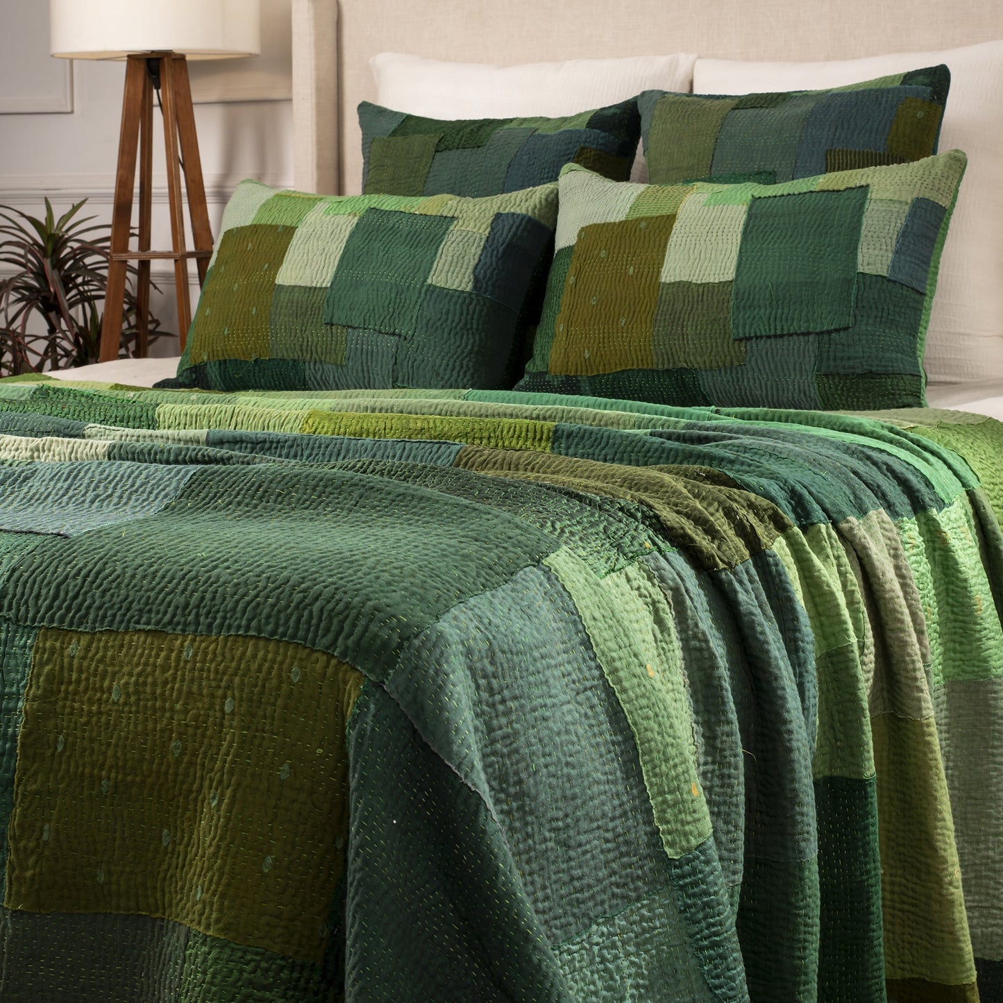 Landscape  fray Patch Handmade vintage Kantha Quilt - Green