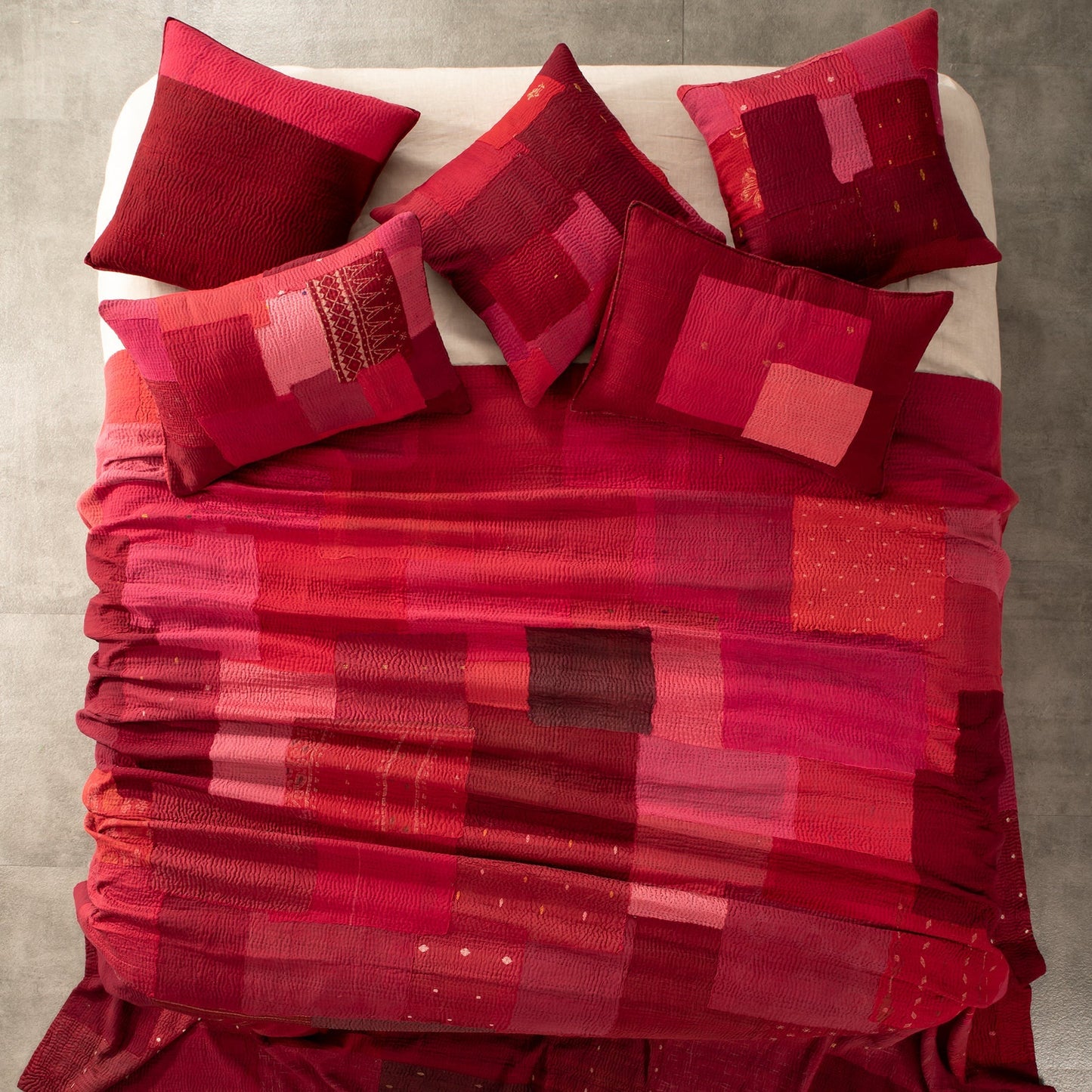 Landscape  Fray Patch Handmade vintage Kantha Quilt - Red