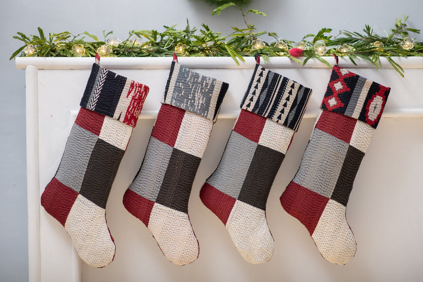 Monotone Ikat Handmade Vintage Kantha Holiday Stocking -Monotone Black