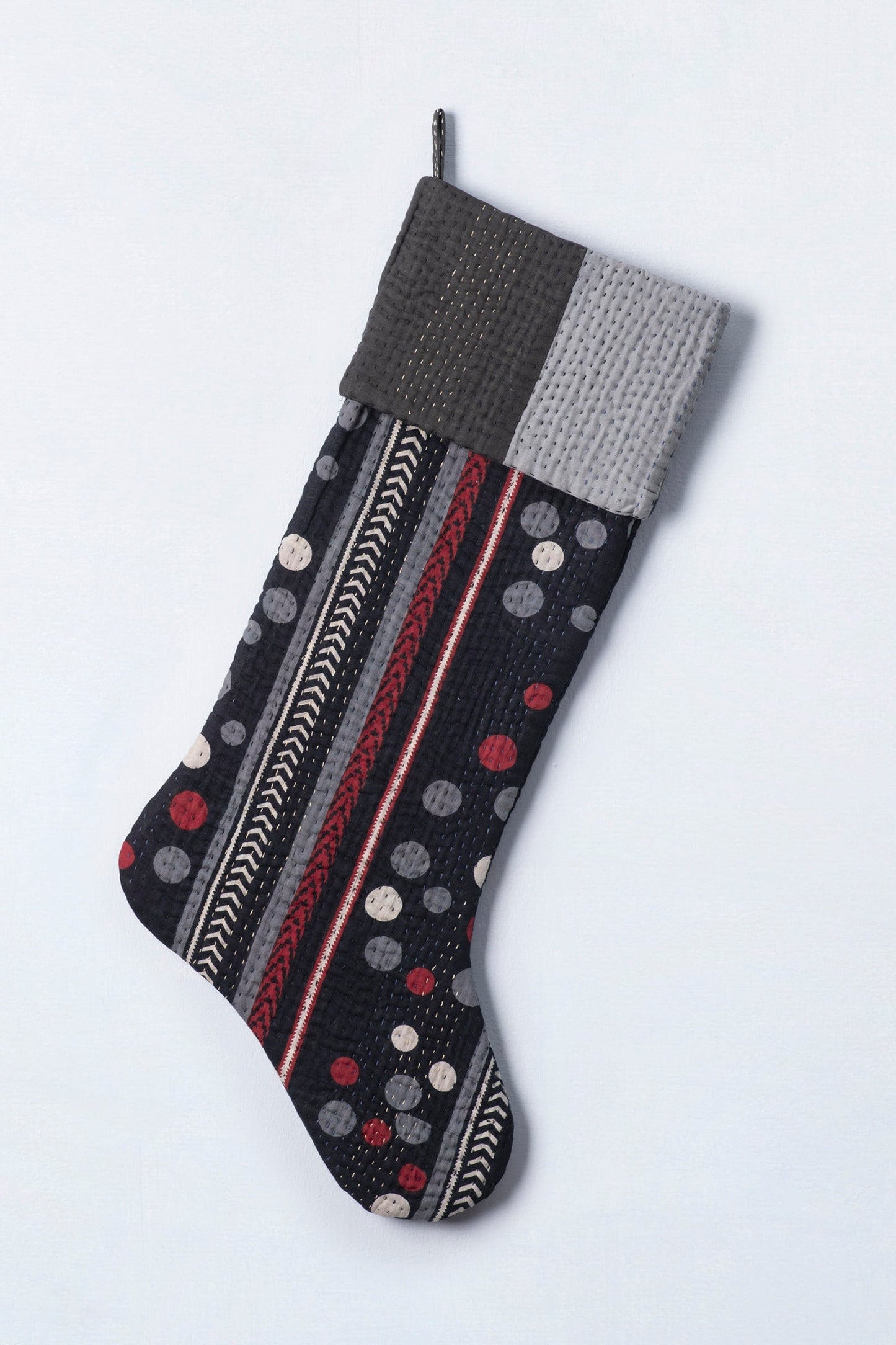 Monotone Ikat Handmade Vintage Kantha Holiday Stocking -Monotone Black