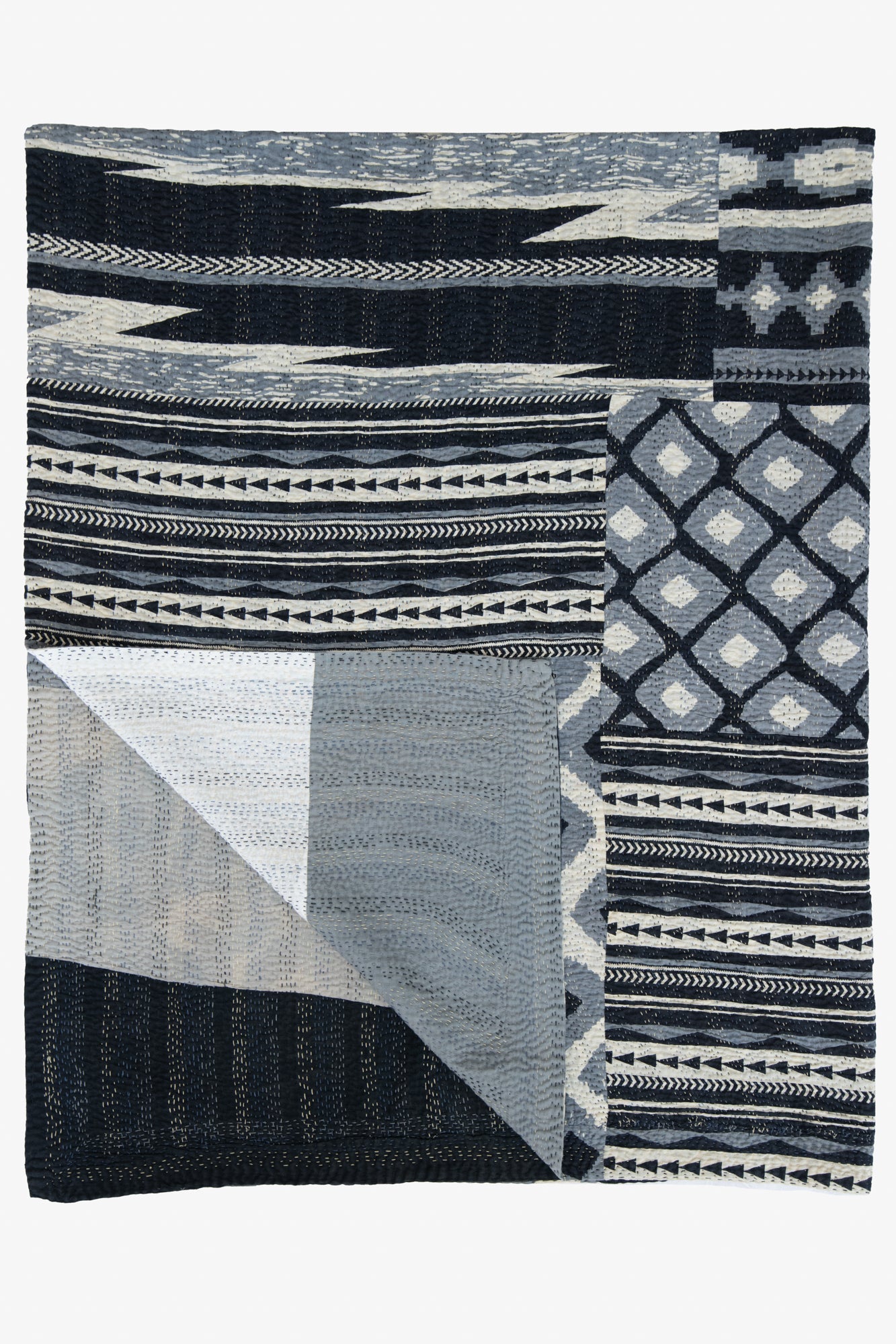 Monotone Ikat Handmade Vintage Kantha Throw - Black