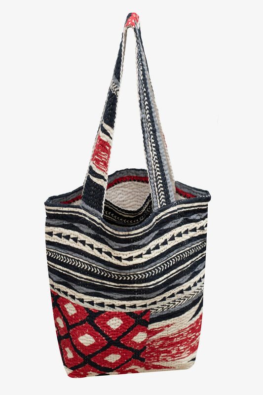Monotone Ikat Handmade Vintage Kantha Tote Bag- Monotone Red