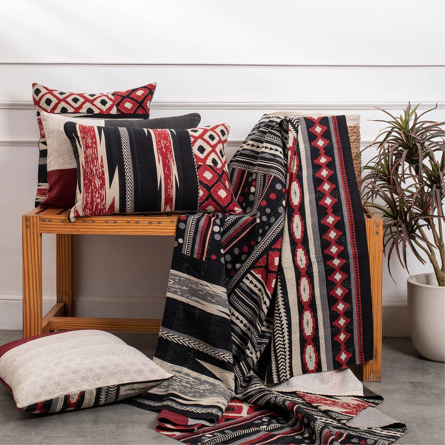 Monotone Ikat Handmade Vintage Kantha  quilt  - Red