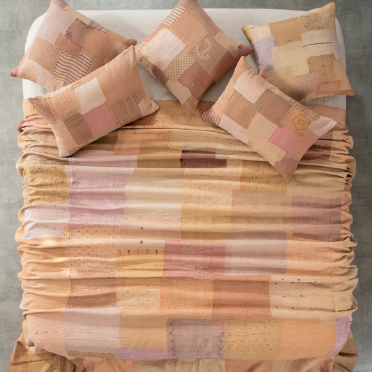 Mosaic Fray Handmade Vintage Kantha quilt -Mushroom